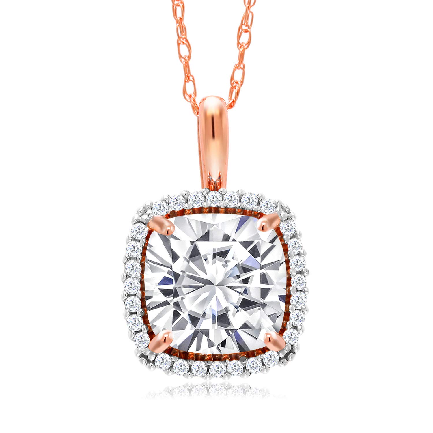 10K Rose Gold Gemstone Birthstone & White Diamond Halo Pendant Necklace for Women - Cushion Cut 7MM Gemstone with 18 Inch Chain | Elegant Jewelry Gift for Birthday, Anniversary & Special Occasions