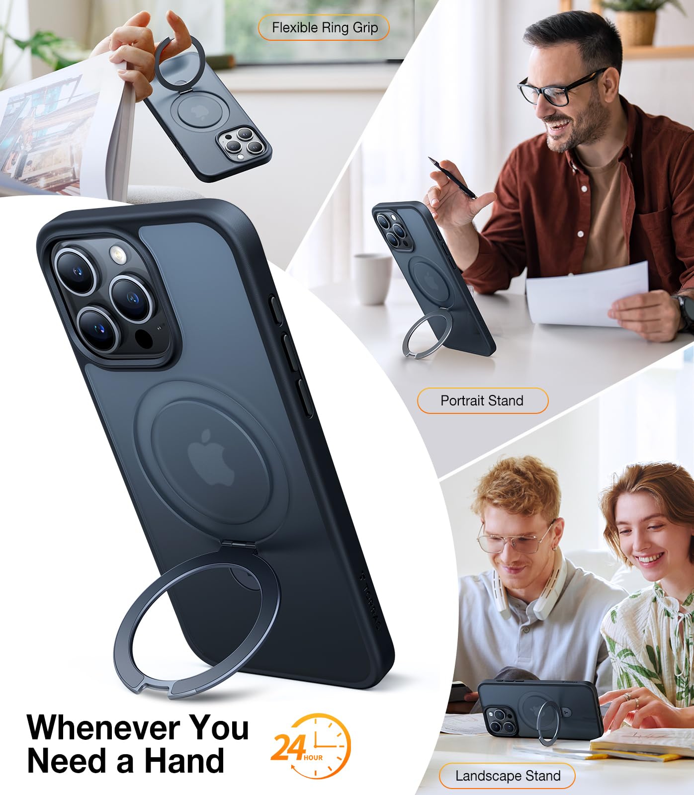 TORRAS Magnetic Phone Case for iPhone 15 Pro Max 6.7 Inch - Military Grade Drop Protection, MagSafe Compatible, Built-in Kickstand - Slim Translucent Frost Black Cover (2023 Model) | Perfect for Work, Travel & Everyday Use
