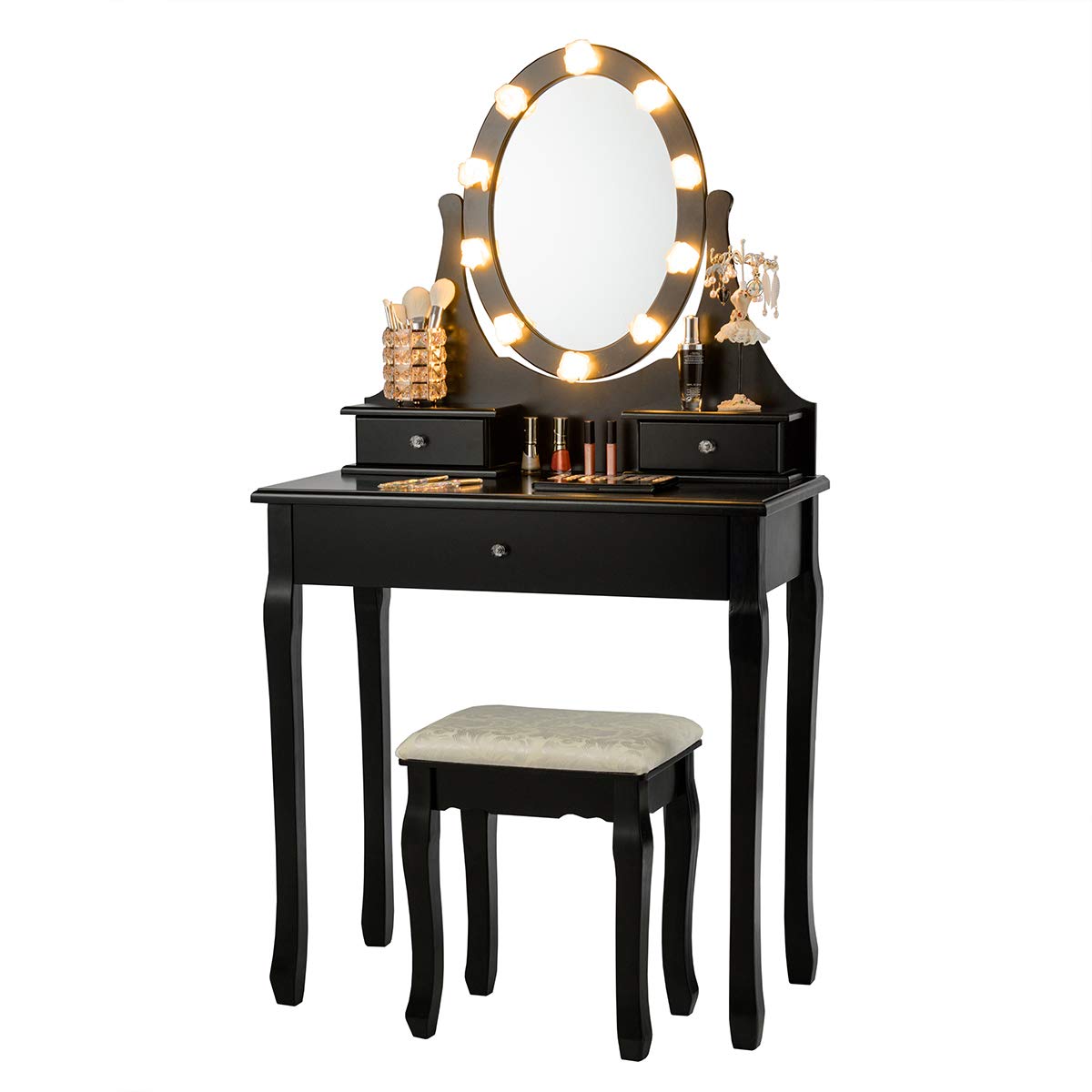 GOFLAME Vanity Table Set with 360° Rotating LED Makeup Mirror, 3-Drawer Dressing Table & Cushioned Stool - Elegant Black Bedroom Vanity for Women & Girls | Perfect for Makeup, Skincare & Hair Styling