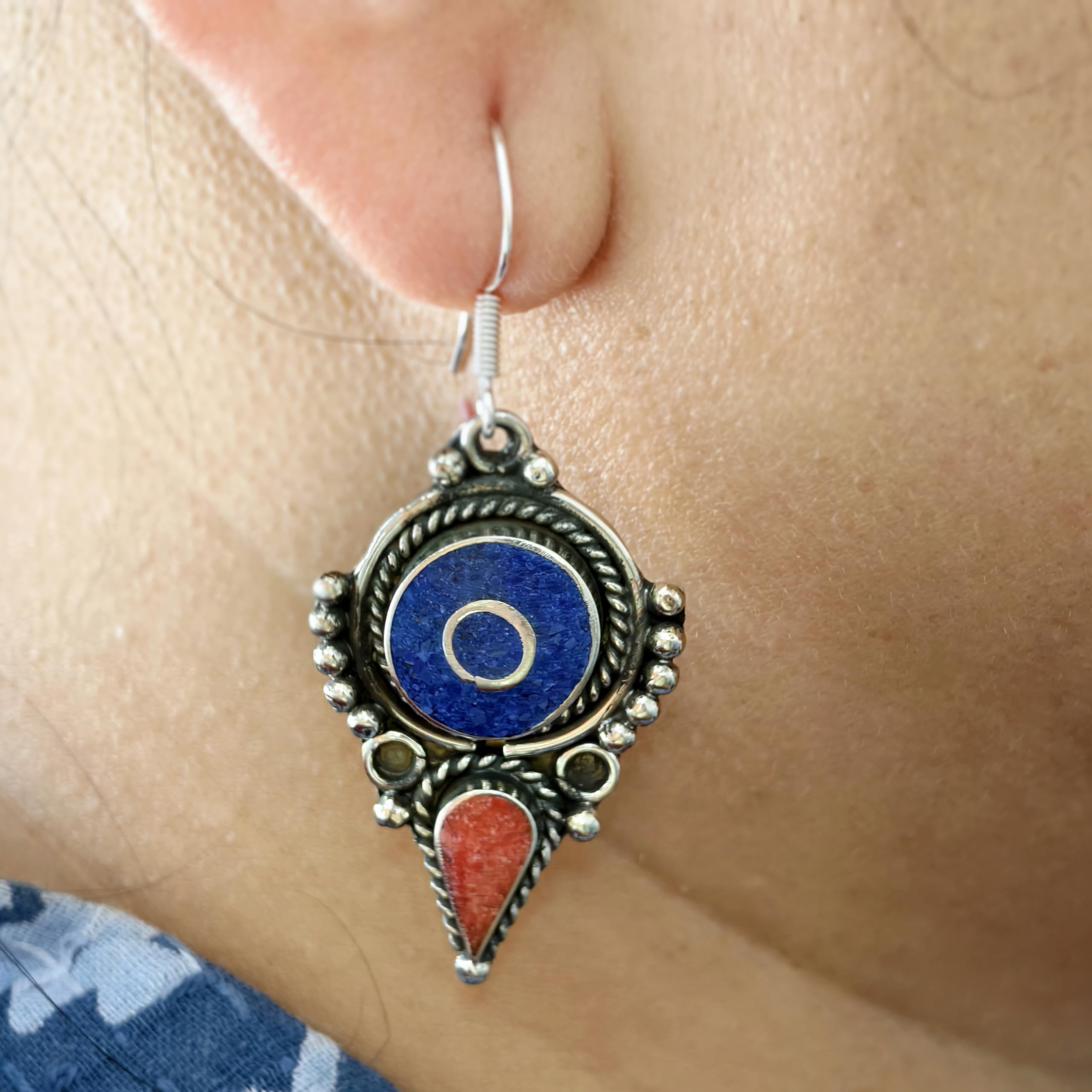Handmade Coral & Lapis Lazuli Drop Earrings for Women - 925 Silver Plated Ethnic Designer Jewelry - Perfect Gift for Birthday, Anniversary & Special Occasions