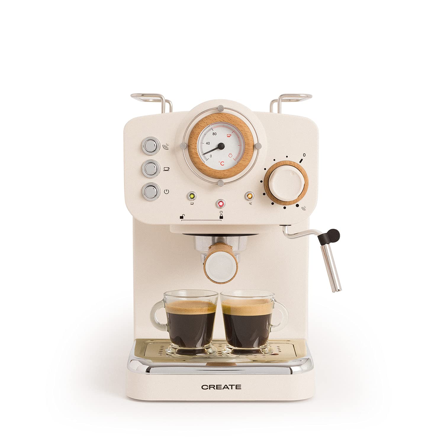 CREATE / THERA RETRO Semi-Automatic Espresso Machine - Matte White & Wood, 20 Bar Pressure, Dual Spout Portafilter, 1.25L Water Tank, Ground Coffee & ESE 55mm Pod Compatible, Steam Wand, 1100W - Perfect for Home Baristas & Coffee Lovers