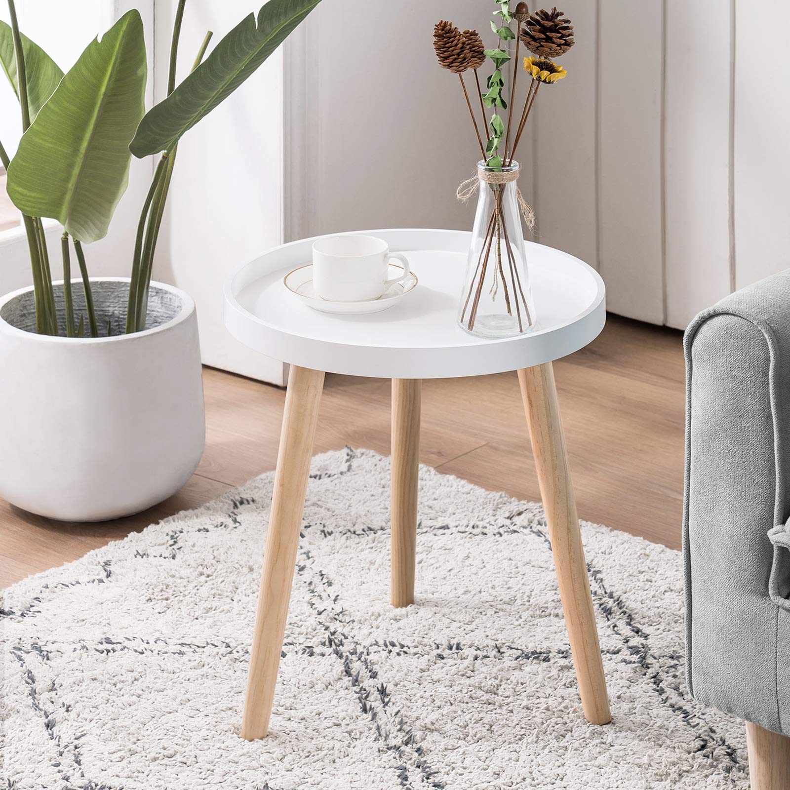 Apicizon Round Side Table with White Tray - 15 x 18 Inch Nightstand, Coffee End Table for Living Room, Bedroom & Small Spaces - Easy Assembly Bedside Table for Home Decor, Studio Apartments & Dorm Rooms