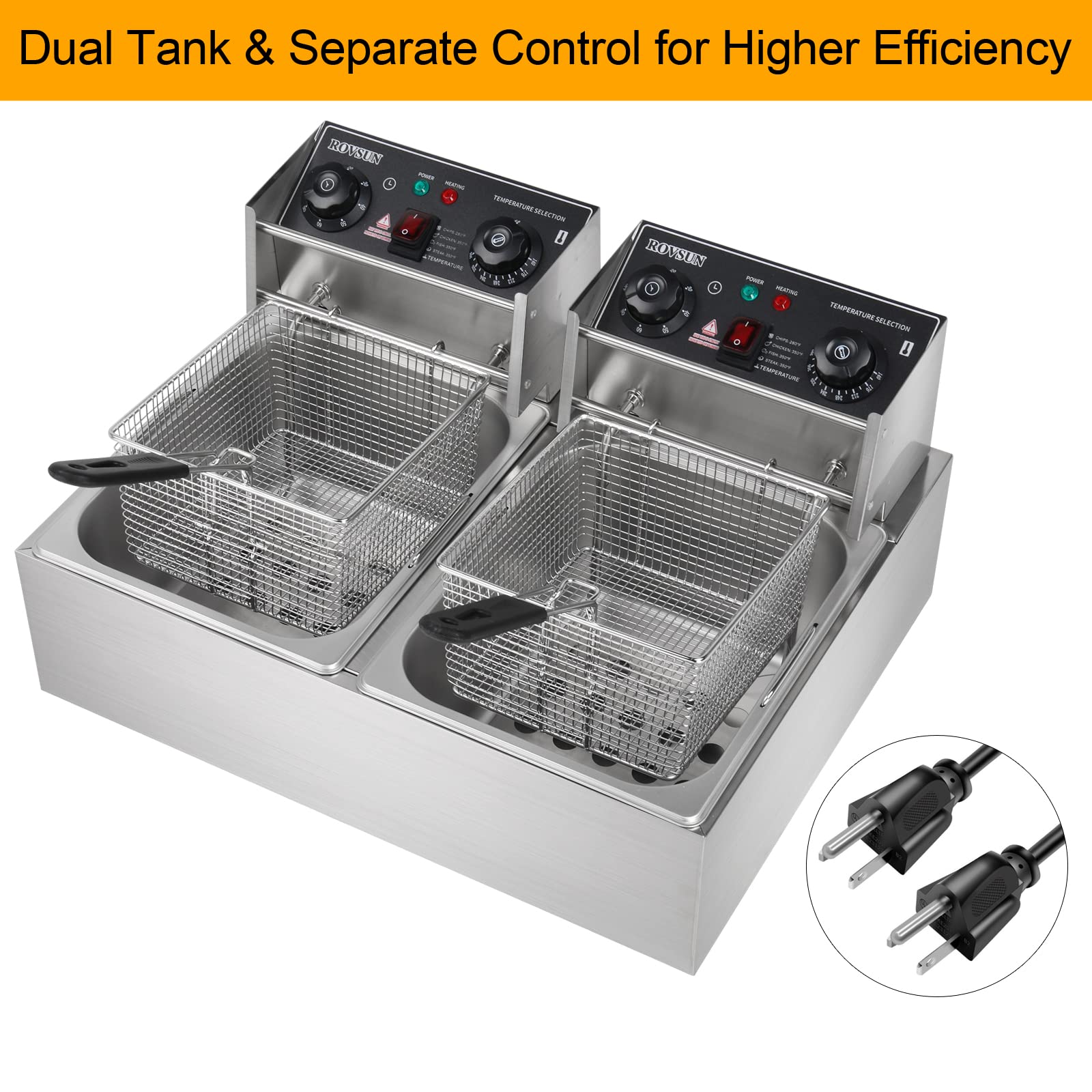 ROVSUN 22.8QT 5000W Commercial Dual Tank Electric Deep Fryer with Timer & Temperature Control - Stainless Steel Countertop Deep Fryer for Home, Restaurant, and Catering - Perfect for Frying Chicken, Fish, French Fries, and Donuts
