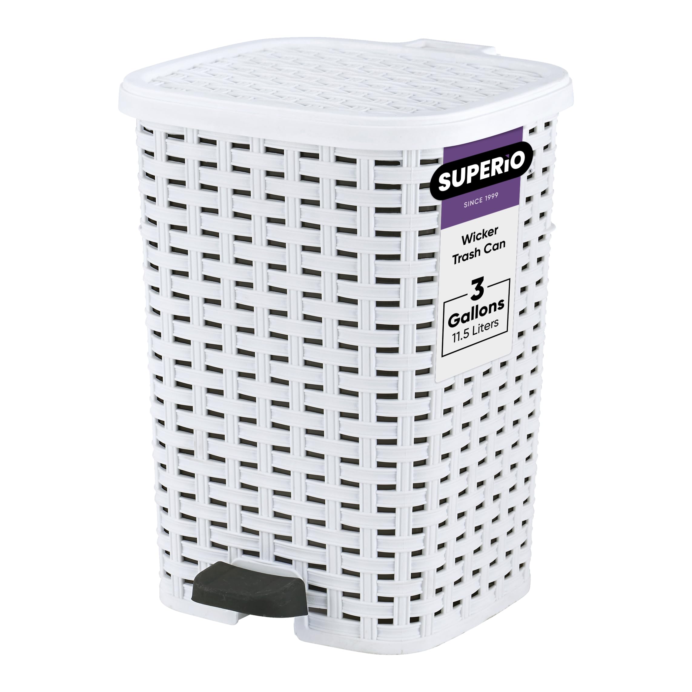 Premium 3 Gallon/12L Small Outdoor Trash Can with Lid - Foot Pedal Dog Poop Garbage Bin - Wicker White Plastic Waste Basket for Bathroom, Bedroom, Office & Patio - Perfect for Pet Waste Disposal & Home Organization