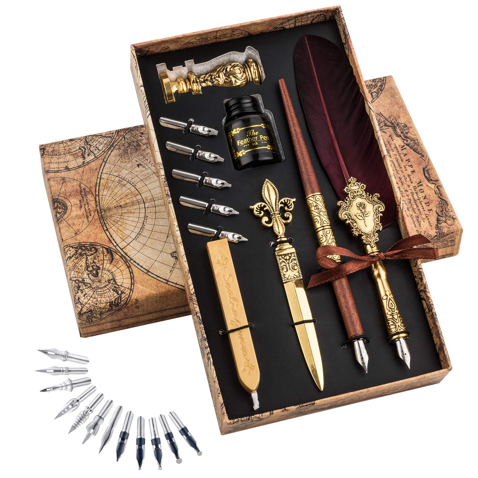 Hethrone Feather Pen and Ink Set - Vintage Calligraphy Dip Pen with Quill Nib for Wedding Invitations, Letter Writing & Artistic Projects