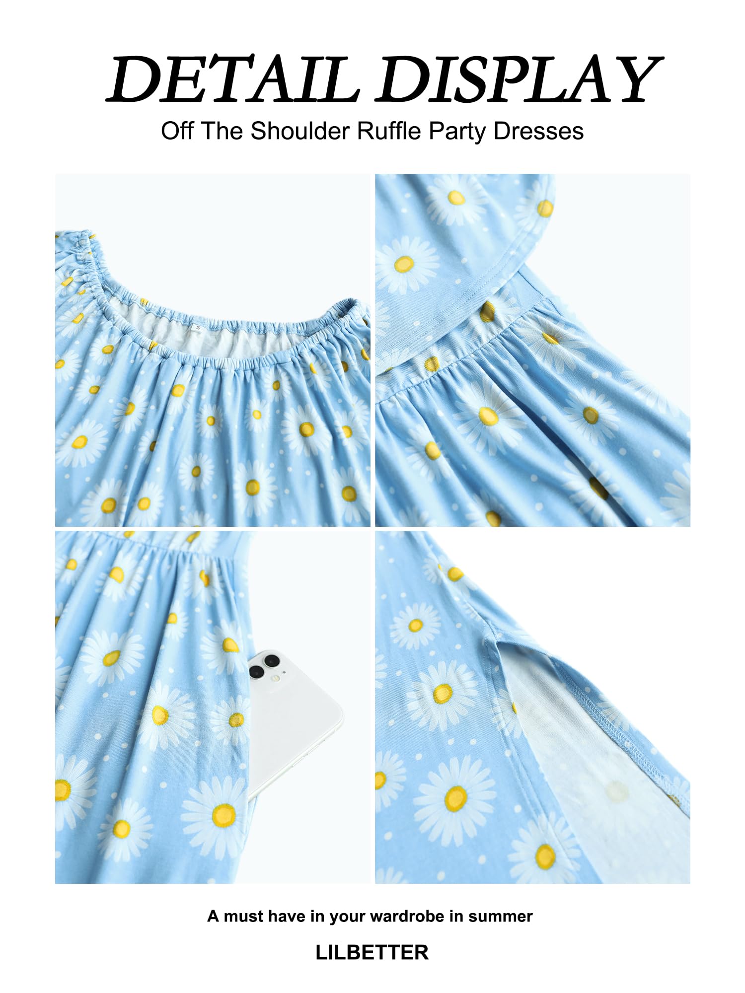 LILBETTER Women's Off The Shoulder Ruffle Party Dress - Sexy Side Split Beach Maxi Dress for Summer Vacation, Cocktail Party & Boho Wedding Guest Outfit