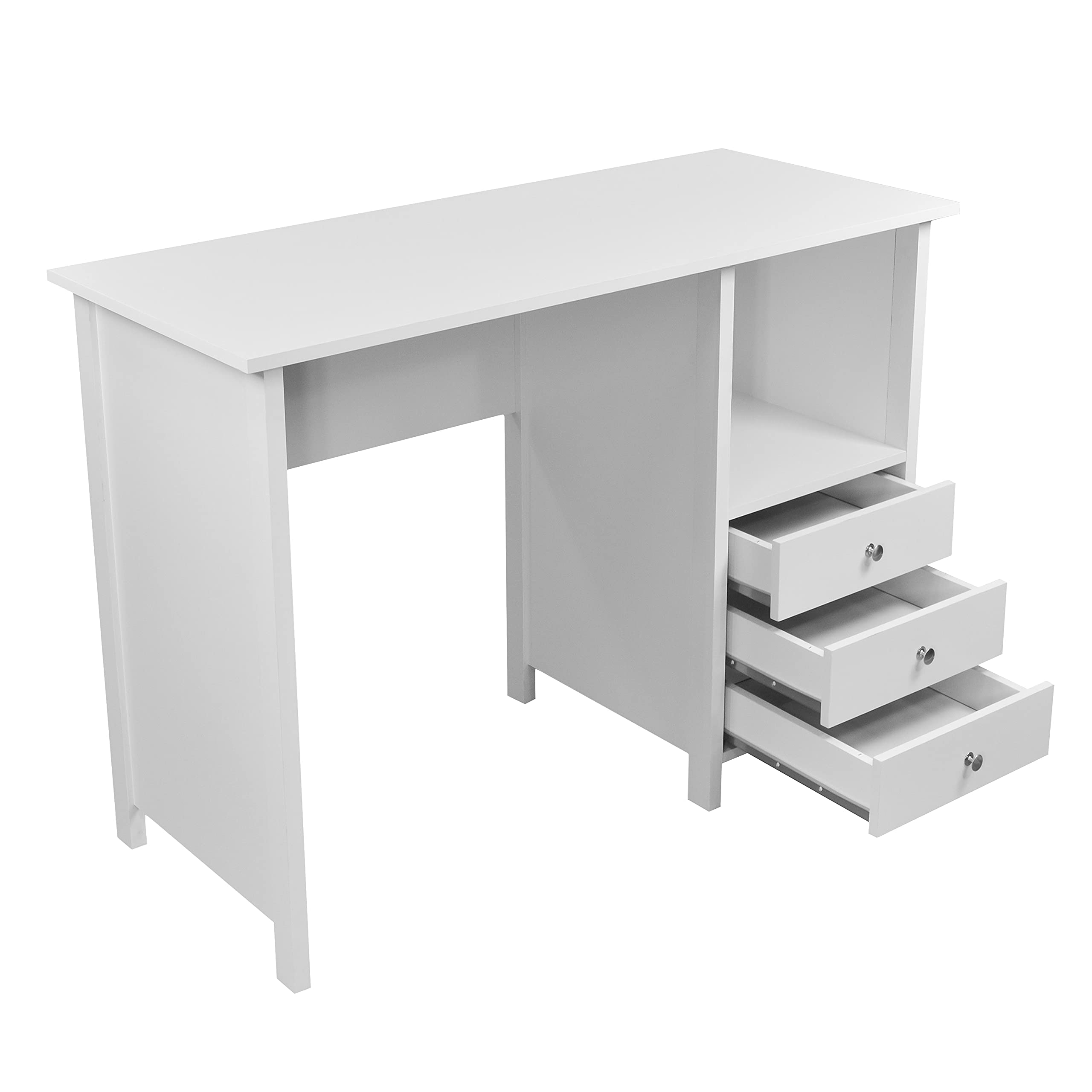 Techni Mobili White Office Desk with 3 Drawers & Open Shelf - Compact Laminated Wood Computer Desk for Small Spaces, Home Office, Bedroom & Study | Perfect for Remote Work, Online Classes & Crafting
