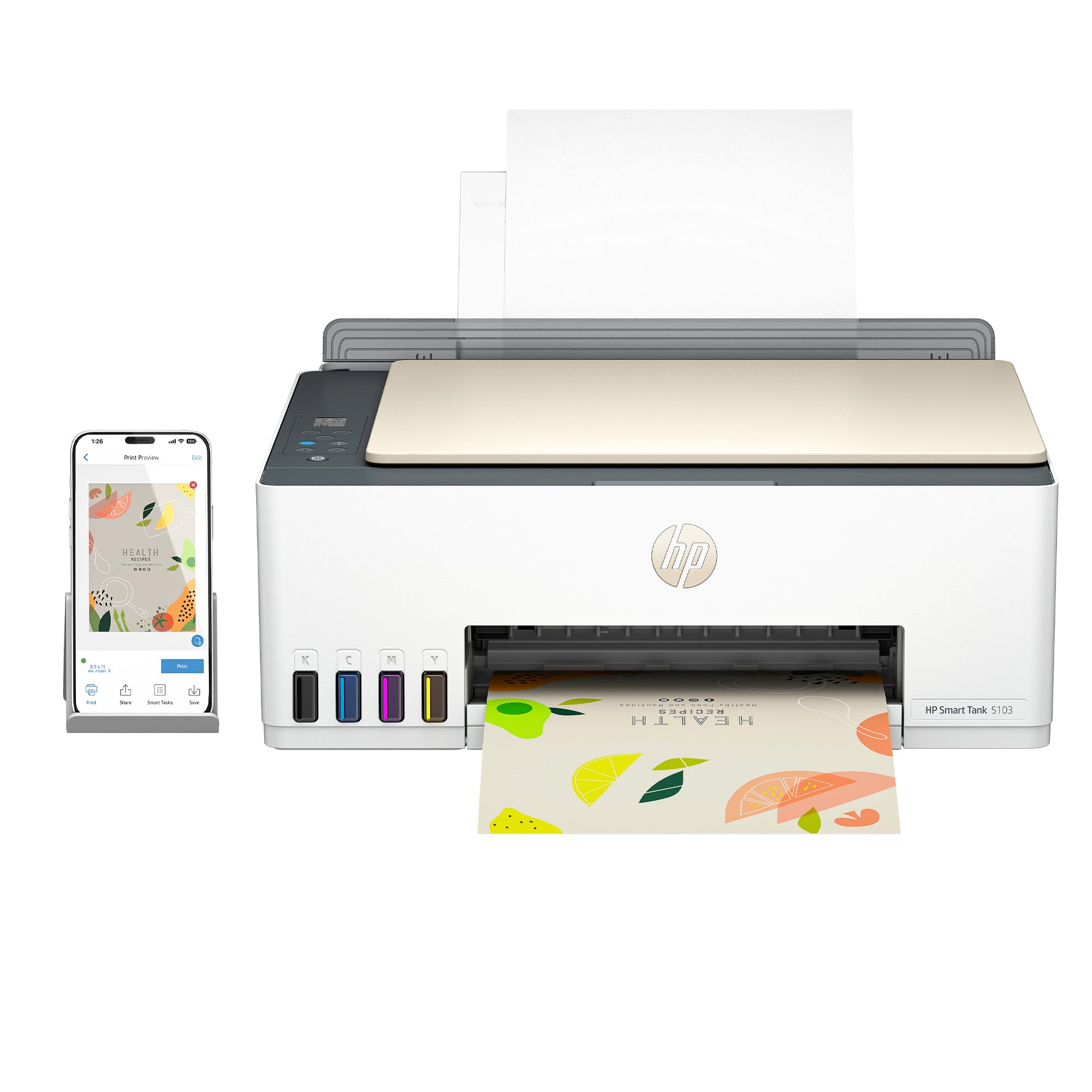 HP Smart Tank 5103 Wireless All-in-One Ink Tank Printer with 2 Years of Ink Supply & 100 Photo Papers - Print, Scan, Copy for Home Office | Refillable Ink System (5D1B2A) | Perfect for Remote Work, School Projects & Family Photo Printing