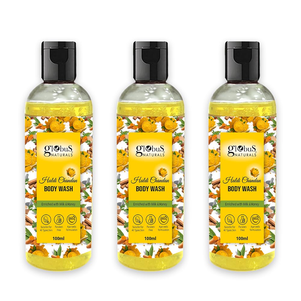 Globus Naturals Haldi Chandan Body Wash with Milk & Honey - 100ml (Pack of 3) | Paraben-Free, Suitable for All Skin Types | Ayurvedic Body Cleanser for Dry, Sensitive & Normal Skin | Daily Shower Gel for Men & Women