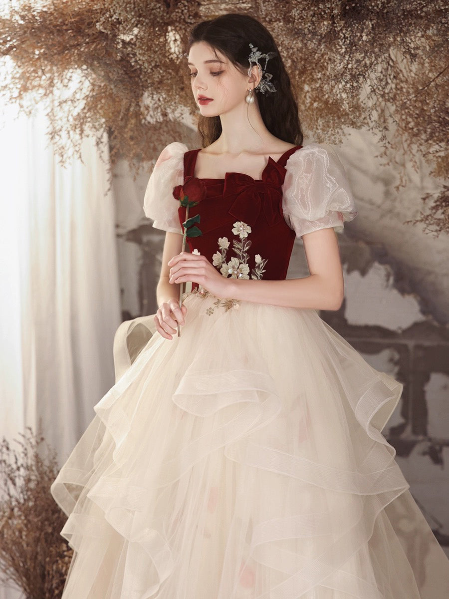 Elegant A-Line Tulle Velvet Burgundy and Champagne Long Prom Dress for Sweet 16 Party, Homecoming, Quinceañera & Formal Events