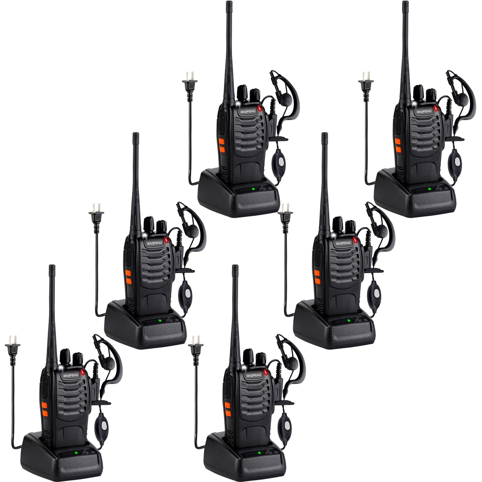 Baofeng UV-5R 888S Long Range Walkie Talkies for Adults - 16 Channel Rechargeable Two Way Radios with Li-ion Battery, Charger & 6 Earpieces (6 Pack) - Ideal for Outdoor Adventures, Construction Sites, and Emergency Communication