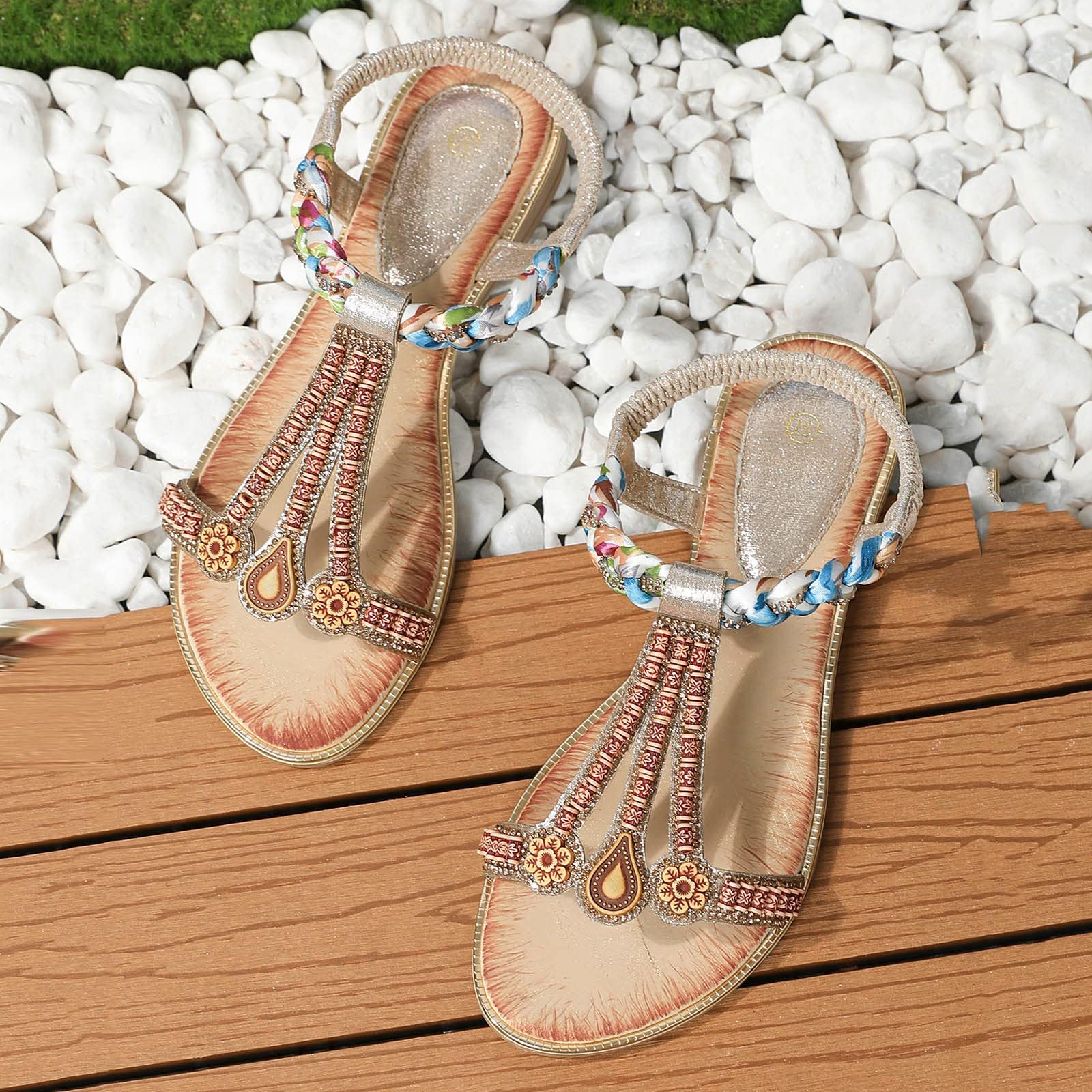 Women's Bohemian Wedge Sandals - Round Toe Summer Beach Shoes for Ladies (Khaki, Size 9) | Perfect for Vacation, Poolside & Casual Outings