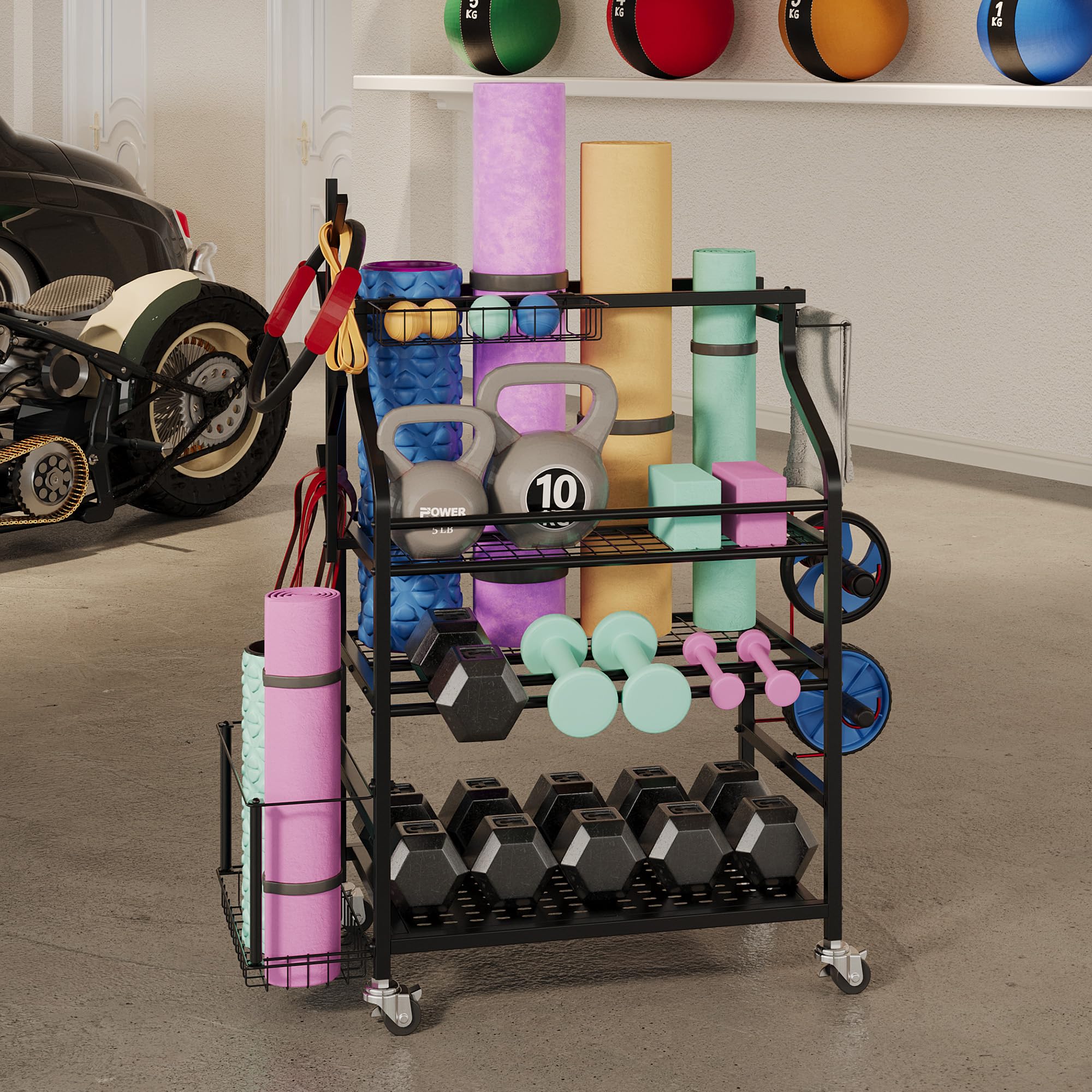 Heavy Duty Dumbbell Rack with Wheels - Adjustable Weight Stand for Kettlebell Storage, Home Gym Organizer for Yoga Mat, Foam Roller, Resistance Bands & Workout Accessories - Perfect for Garage Gym Storage and Workout Space Organization