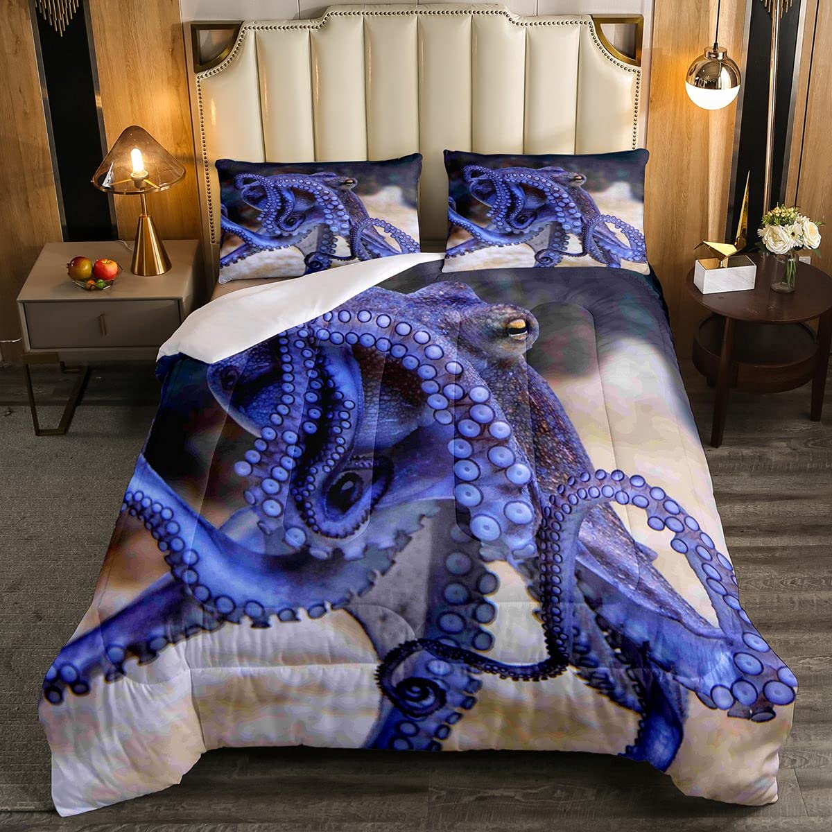 Octopus Comforter Set - Queen Size Kraken Themed Ocean Bedding for Kids & Teens | Deep Blue Sea Creature Duvet Cover with Pillowcases | Boys & Girls Room Decor | Perfect for Coastal, Nautical or Underwater Themed Bedrooms