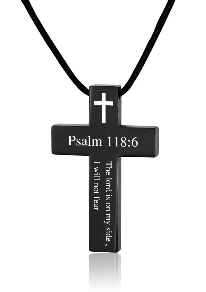 MEALGUET Black Ion Plated Stainless Steel Bible Verse Cross Pendant Necklace - Inspirational Scripture Engraved Christian Jewelry for Men, Gift for Father & Son with Cord - Perfect for Church, Baptism, Weddings & Daily Wear