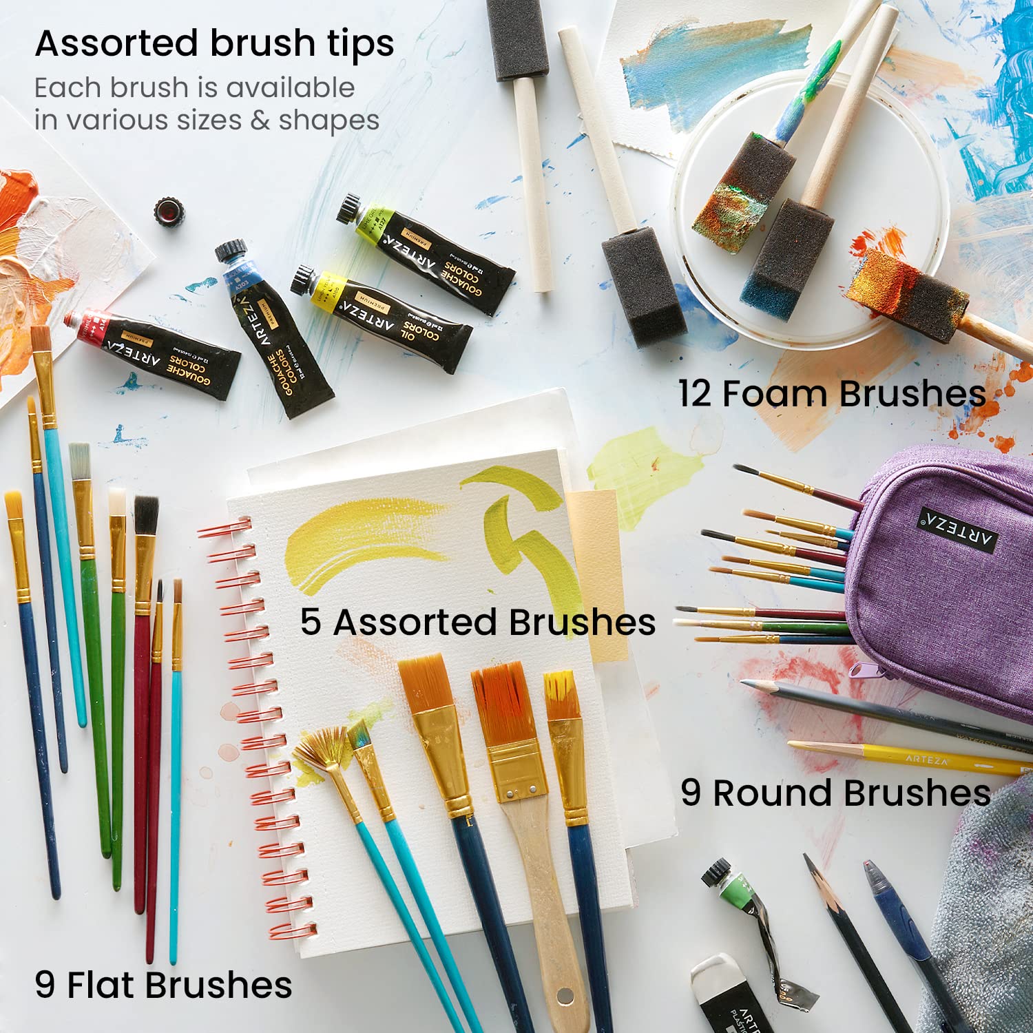 ARTEZA 35-Piece Professional Craft Brush Set - Round, Flat, Wash, Angular, Foam & Fan Brushes for Acrylic, Watercolor & Oil Painting - Perfect for Artists, Beginners & DIY Crafts
