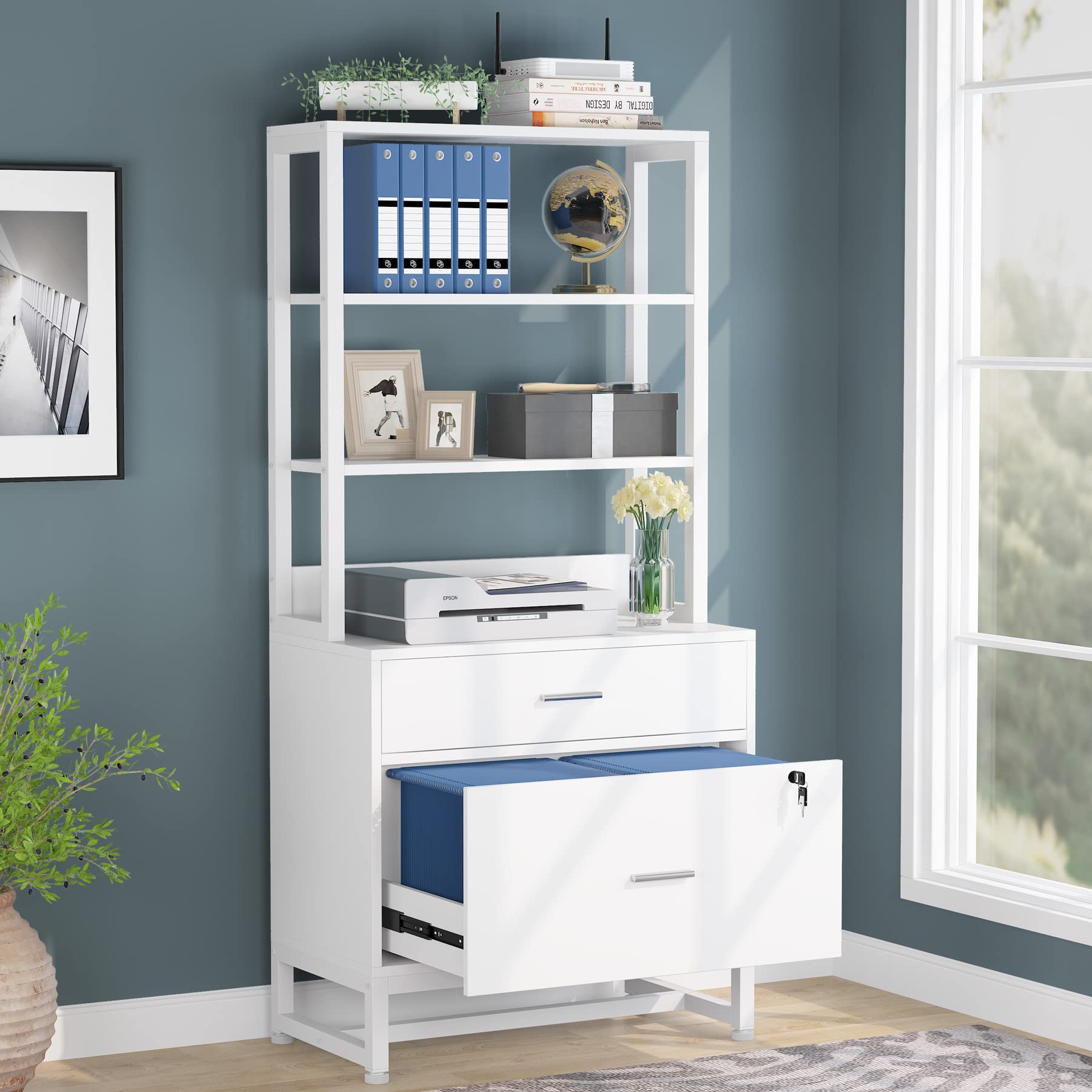 Tribesigns 2-Drawer Lockable Lateral File Cabinet - Letter Size Modern Office Storage with Open Shelves for Printer & Supplies - White - Perfect for Home Office Organization & Workspace Storage Solutions