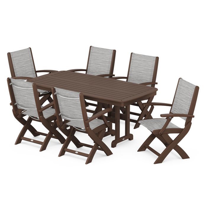 POLYWOOD Coastal Folding Arm Chair 7-Piece Outdoor Dining Set - Perfect for Patio, Deck, Poolside & Beachfront Entertaining