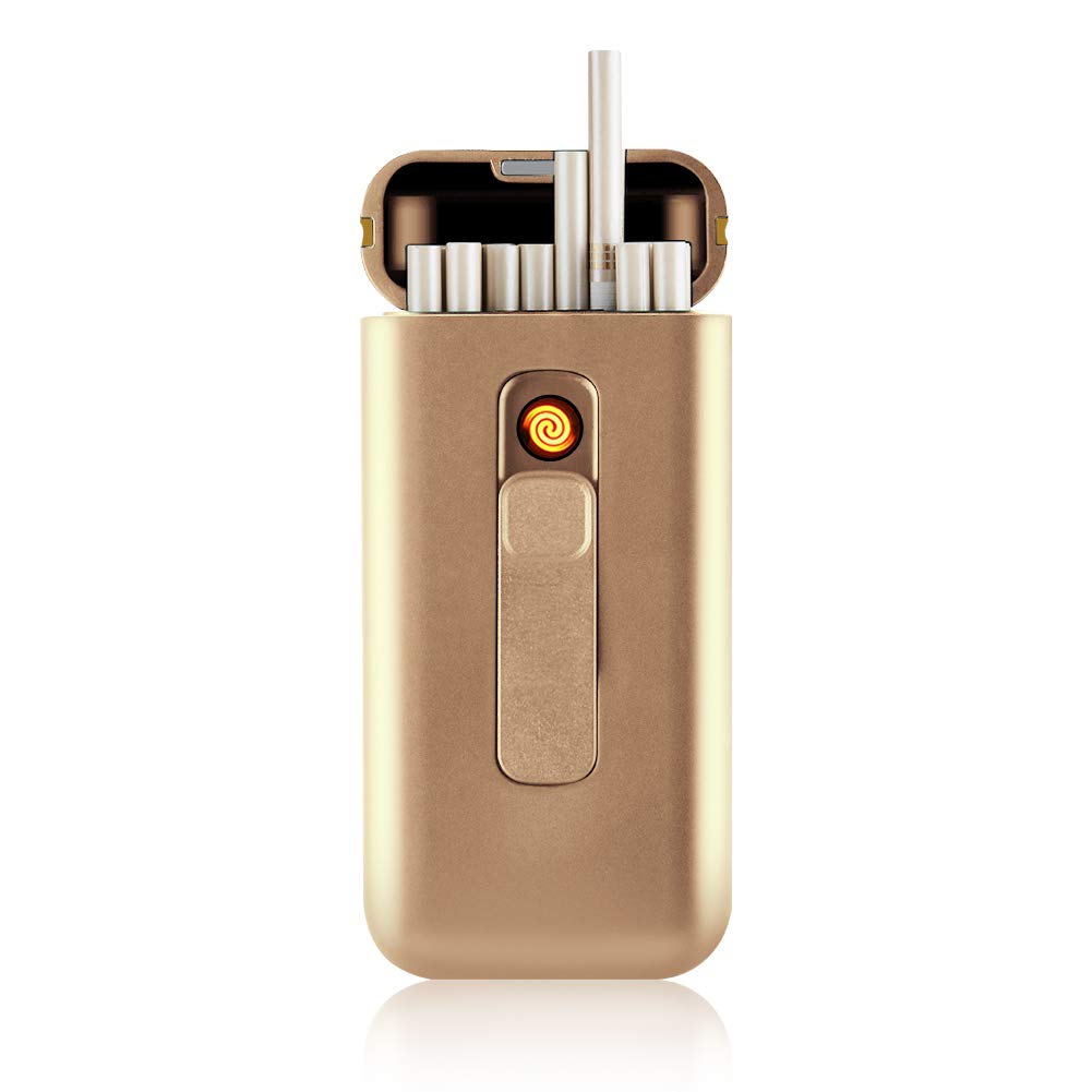 Rechargeable USB Flameless Windproof Electric Lighter & Slim Cigarette Case (20pcs Capacity) - 2-in-1 Portable Design for Travel, Camping, and Outdoor Activities (Gold)