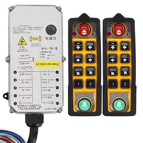 8-Key Industrial Crane Remote Control with Double Handle - Waterproof, Oil & Acid Resistant, Anti-Fall (1 Receiver + 2 Controllers) - AC380V for Construction Sites, Warehouses & Heavy Equipment Operations