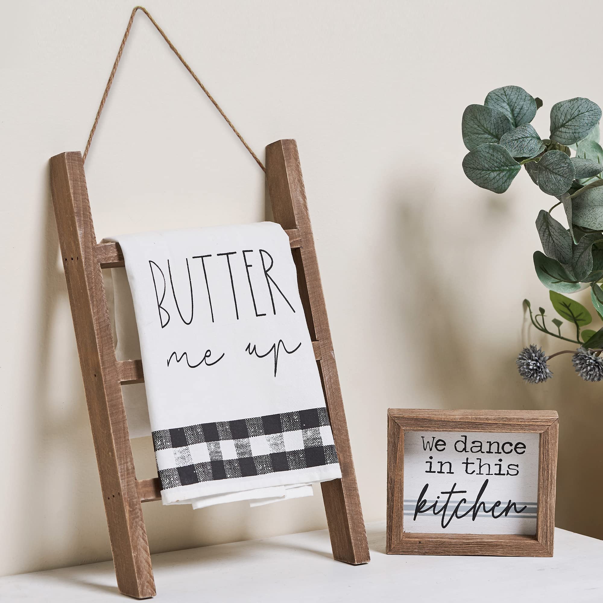 3-Tier Rustic Wood Tea Towel Ladder | Farmhouse Kitchen Decor with Cute Sign | Hand & Bath Towel Organizer for Counter or Wall | Perfect for Farmhouse, Cottage & Rustic Style Kitchens
