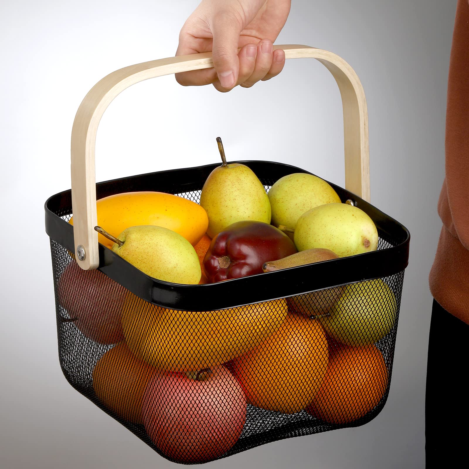 ZEAYEA Mesh Steel Fruit Basket with Handle - Multi-Purpose Hanging Storage Organizer for Kitchen, Pantry & Bathroom | Durable Metal Wire Harvest Basket for Garden, Picnic & Home Decor (Black) - Perfect for Organizing Produce, Groceries & Household Items