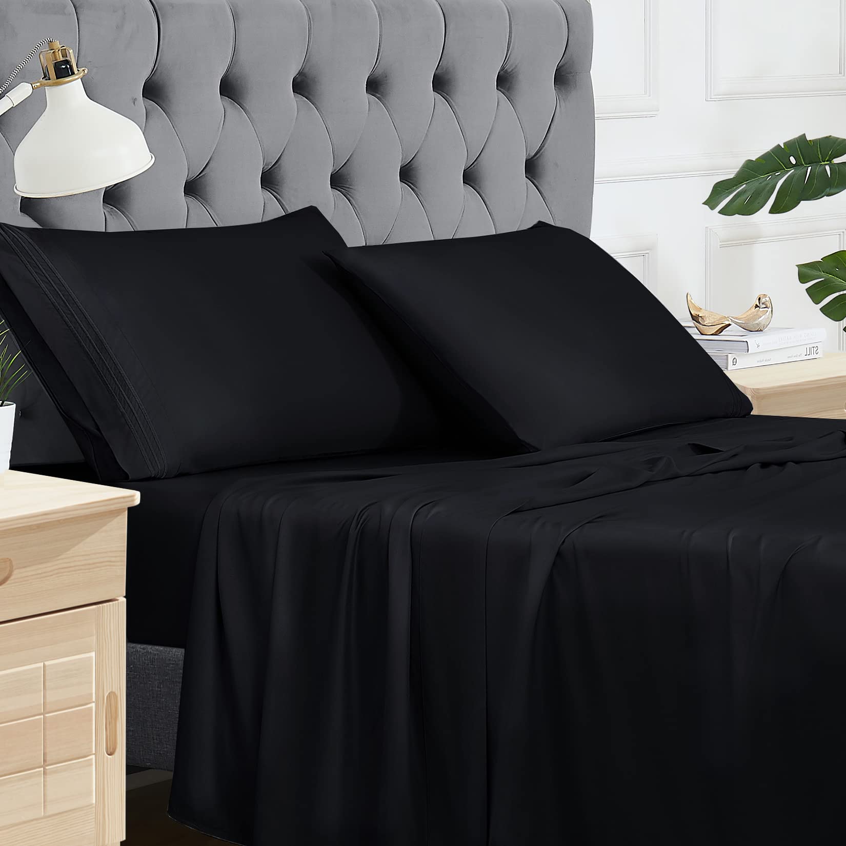 GlowSol 100% Bamboo King Size Sheets - 4 Piece Cooling Bed Sheet Set with Deep Pockets for Hot Sleepers | Ultra Soft, Breathable & Comfortable Luxury Bedding | Perfect for Summer Nights & Temperature Regulation (Black, King Size)