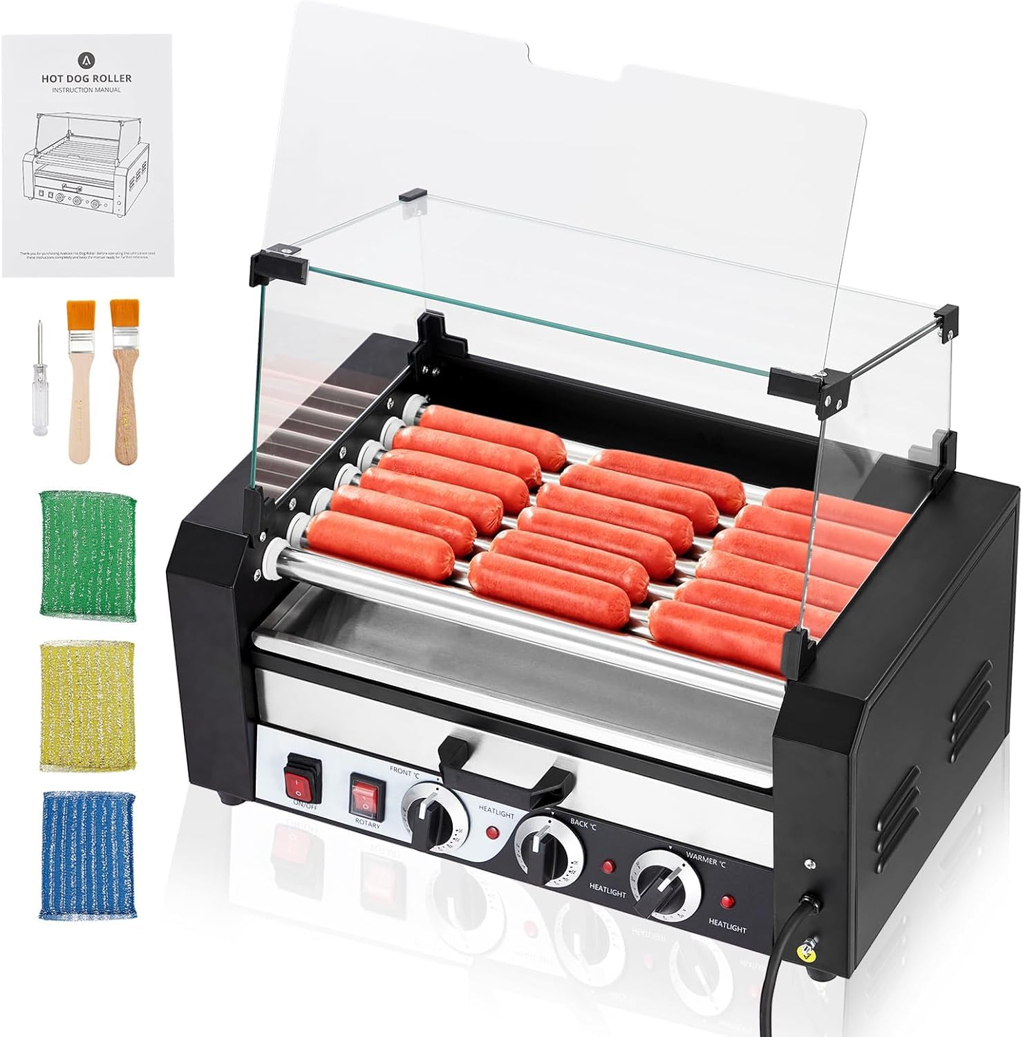 12-Roller Commercial Hot Dog Machine with 1050W Stainless Steel Grill, Bun Warmer & Glass Lid - Dual Temp Control, Timer & Drip Tray - Perfect for Parties, Food Trucks & Home Use (12 Hot Dog Capacity)