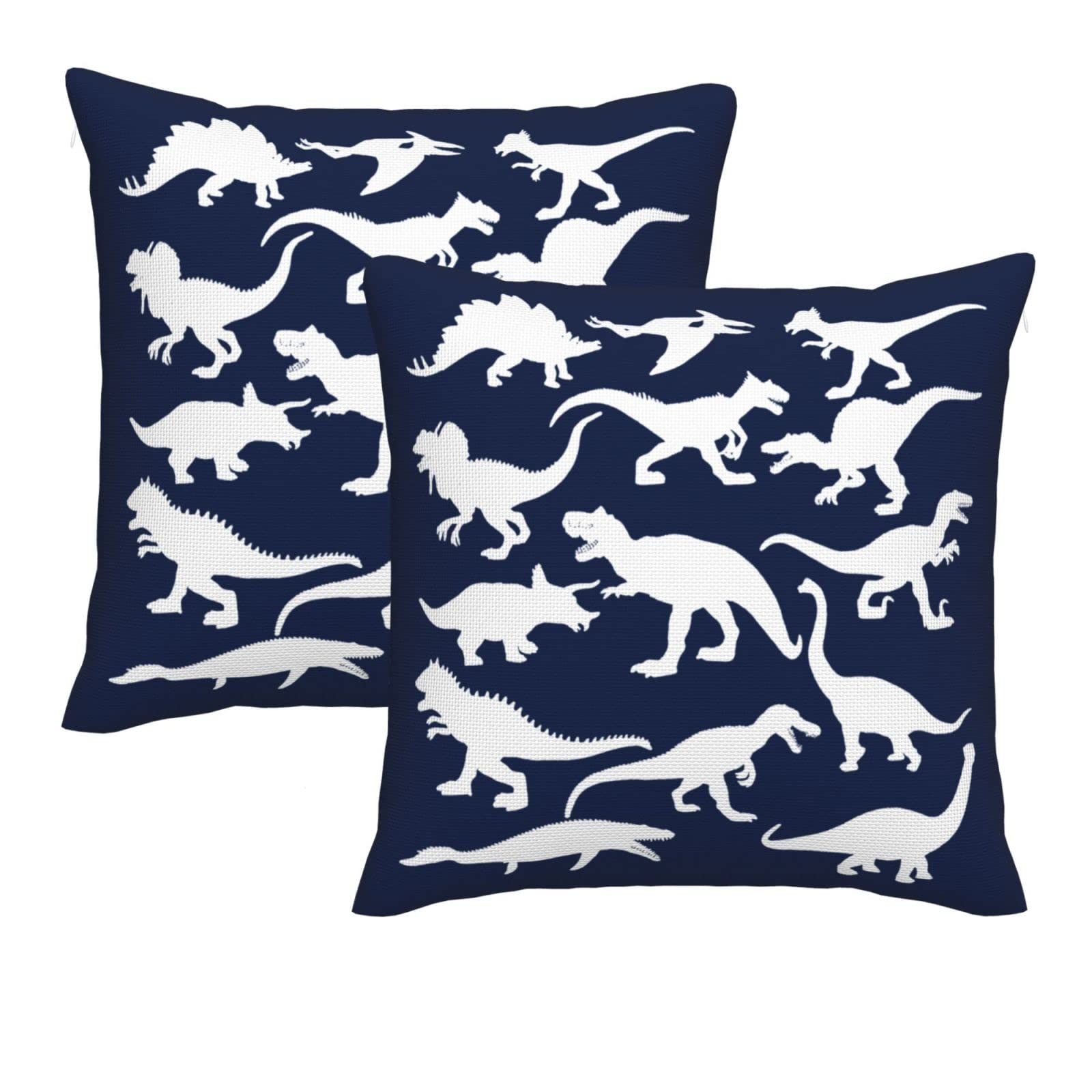 Dinosaur Print Decorative Throw Pillow Cover 18x18 Inches - Reversible Square Faux Linen Pillow Case for Sofa, Couch, Bed - Set of 2 - Perfect for Kids Room, Nursery Decor & Living Room Accents