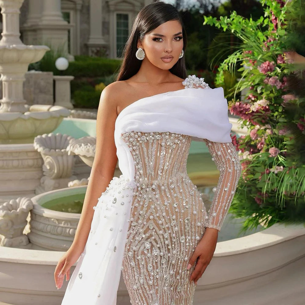 Elegant White One Shoulder Evening Dress with Pearl Beading for Women - Wedding, Prom, Gala & Special Occasions | Serene Hill Luxury Gowns 2025 Collection LA72493