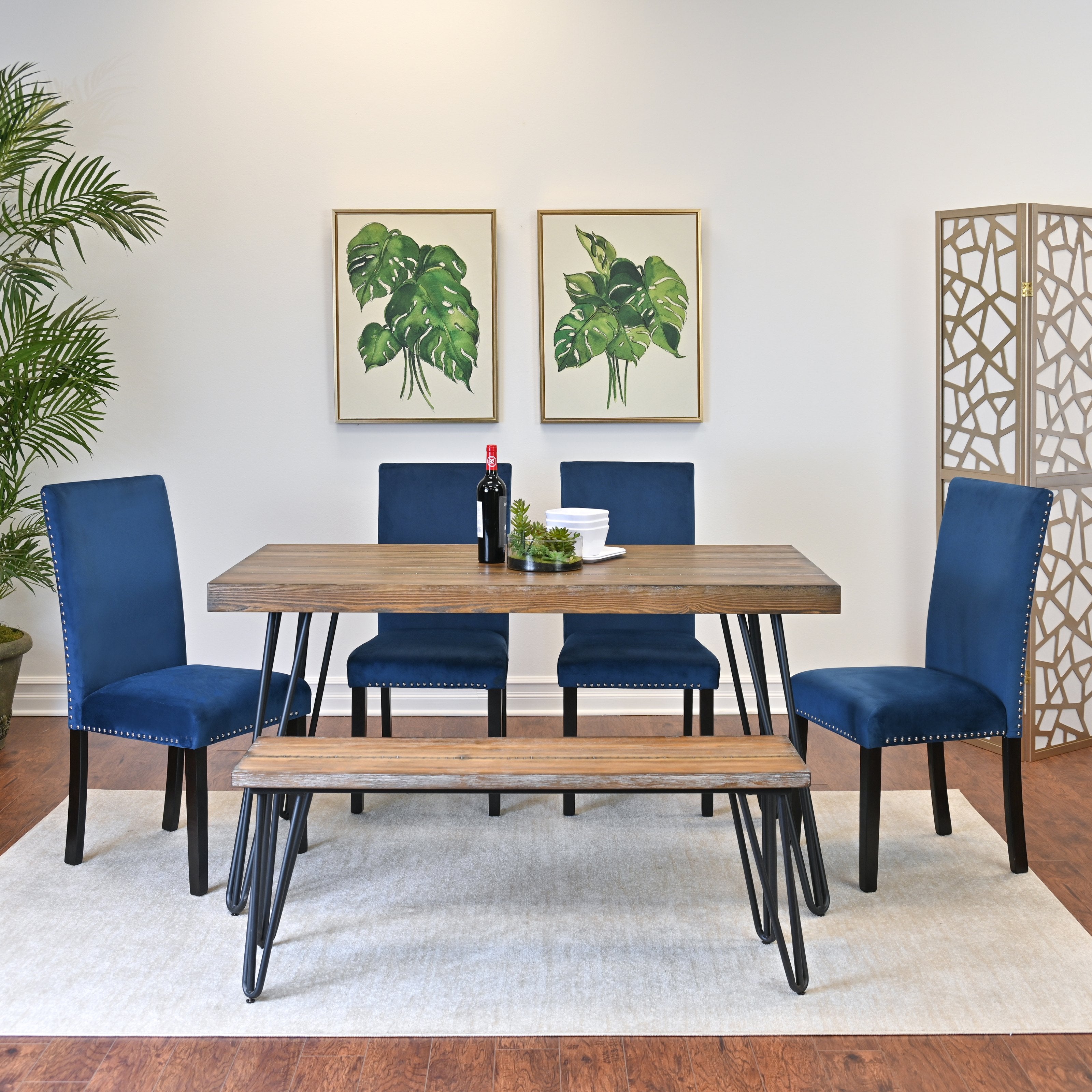 Roundhill Furniture Ashzo 6-Piece Dining Set with Hairpin Leg Table, 4 Chairs & Bench - Modern Kitchen & Dining Room Furniture for Small Spaces | Perfect for Breakfast Nook, Apartment Dining, and Entertaining Guests