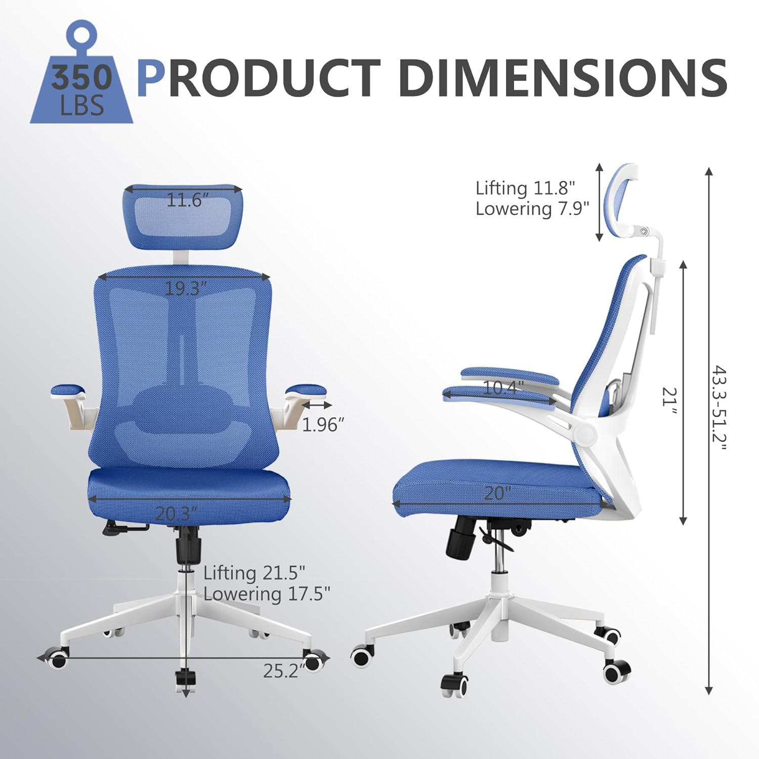 Ergonomic Office Chair with High Back & Lumbar Support - 350LBS Capacity Mesh Computer Desk Chair, Adjustable Headrest & Flip-Up Armrests - Perfect for Home Office, Gaming & Workspaces