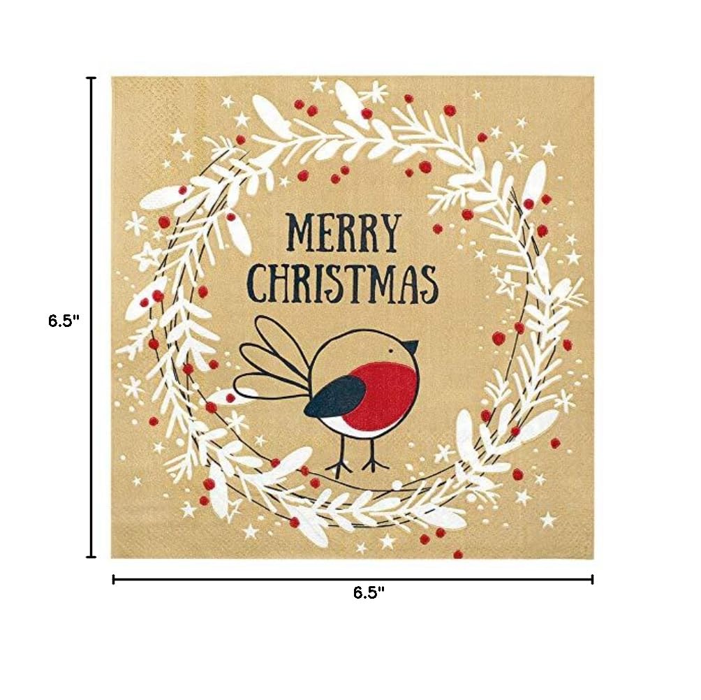Christmas Napkins - Festive Wreath & Bird Print Brown Recycled Paper Napkins | Eco-Friendly Disposable Holiday Dinnerware for Xmas Party, Buffet, Brunch & Luncheon Decor | Perfect for Rustic Holiday Tablescapes & Festive Gatherings