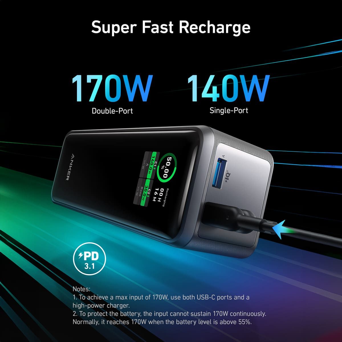 Anker Prime 27K 250W PD 3.1 Power Bank - Portable Charger for iPhone 15, MacBook, Galaxy S23 | Fast Charging External Battery for Travel, Camping & Emergency Backup