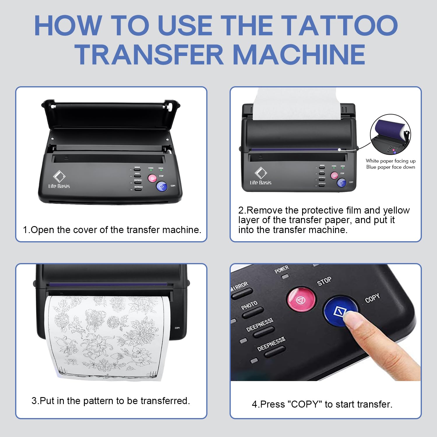 LifeBasis Professional Tattoo Transfer Stencil Printer Machine - Thermal Copier with 30PCS Stencil Paper for Tattoo Artists & Beginners | Portable Tattooing Equipment for Studio & Home Use | Black