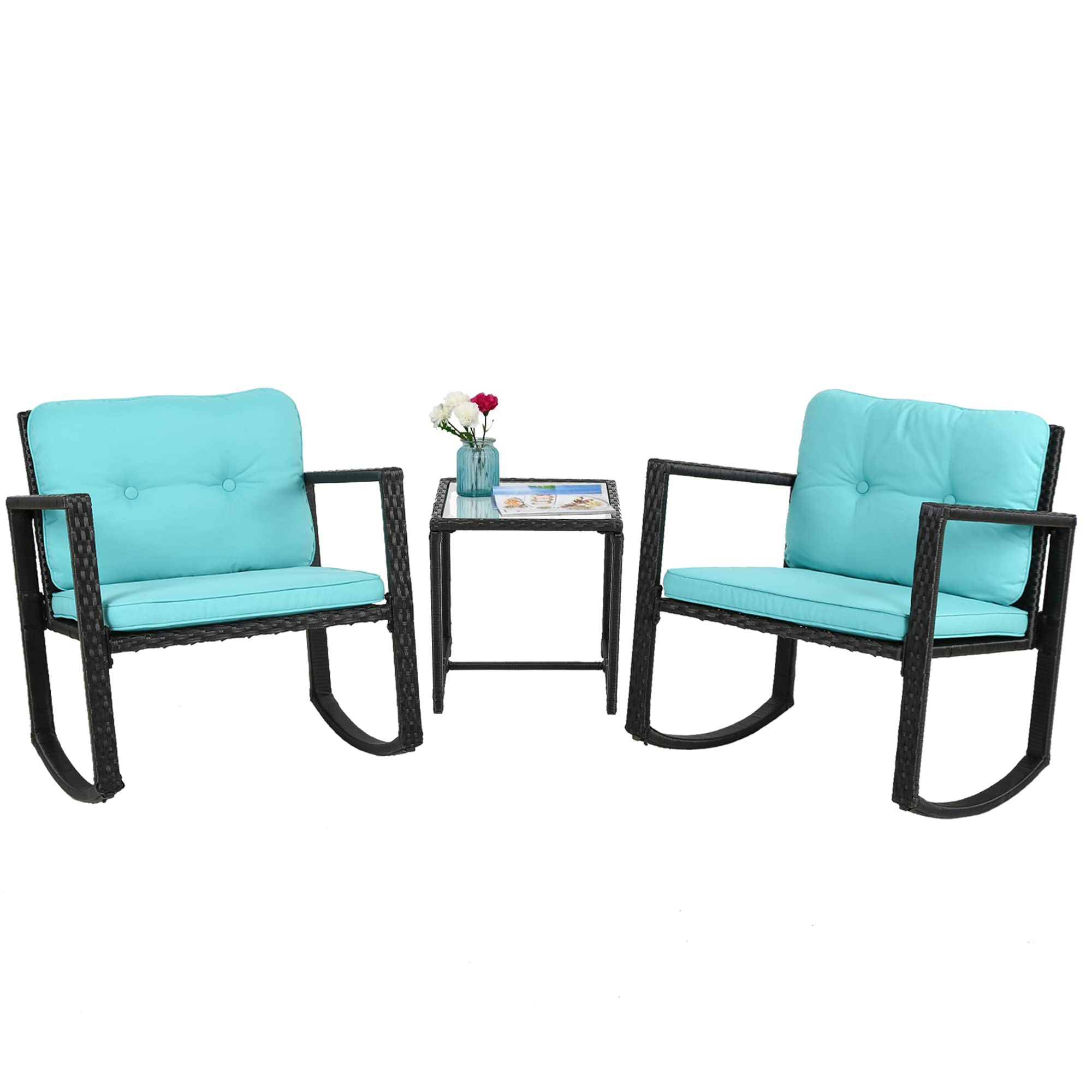 3-Piece Wicker Patio Furniture Set - Outdoor Rocking Chair, Bistro Set & Rattan Conversation Set with Coffee Table - Blue - Perfect for Backyard, Garden & Porch Relaxation