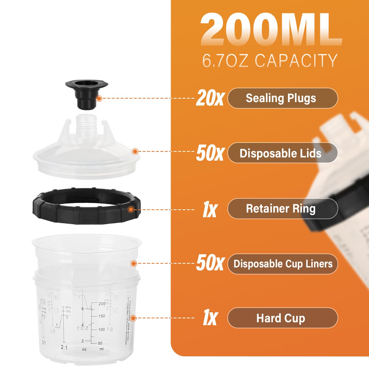 200ML/6.7OZ Disposable Paint Spray Gun Cups Kit - 50 Cup Liners, 50 Lids, 20 Sealing Plugs, 1 Retainer Ring & 1 Hard Cup for Automotive Painting - Perfect for Auto Body Repair, DIY Projects & Professional Spray Painting
