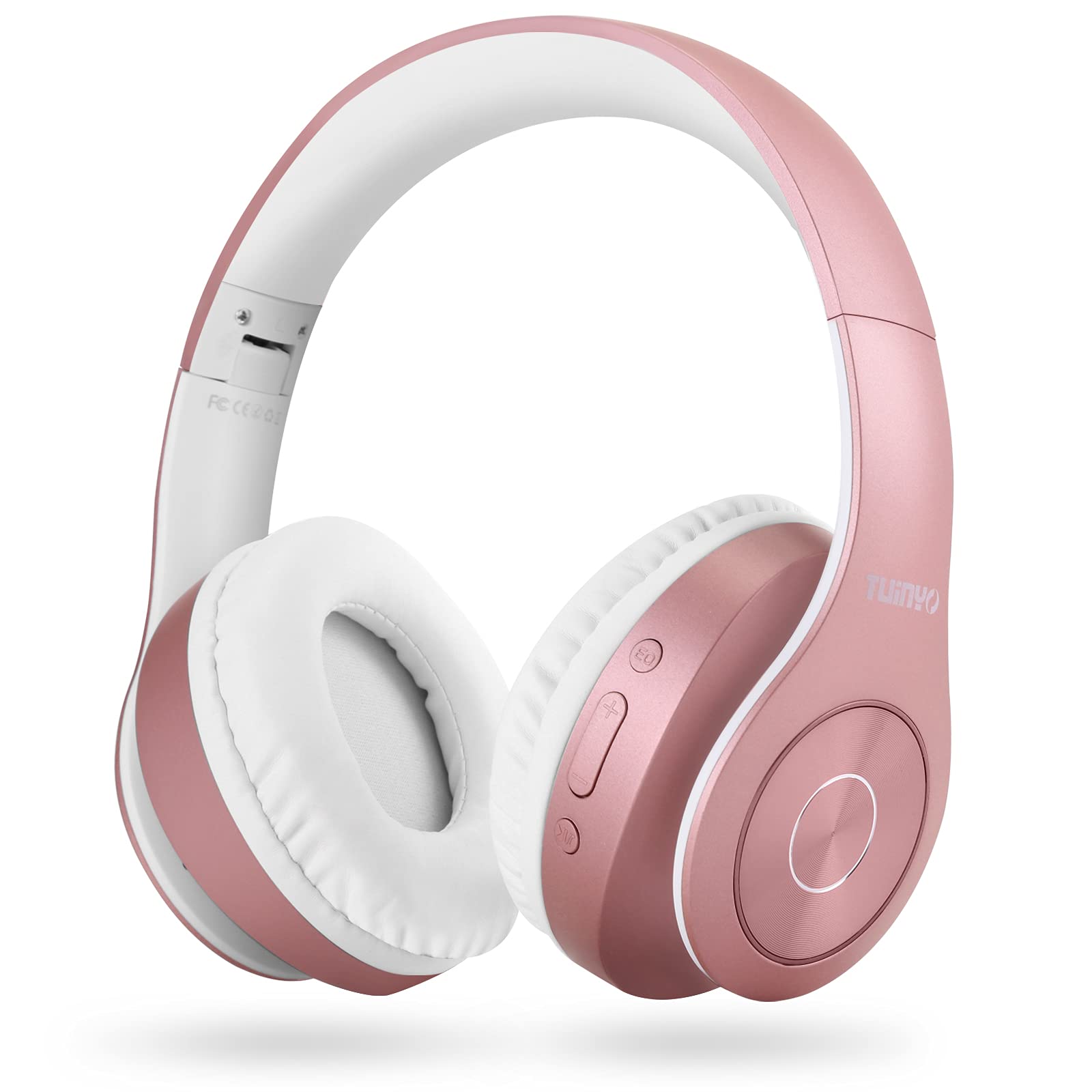TUINYO Wireless Bluetooth Headphones Over Ear with Deep Bass, 40H Playtime, Soft Memory-Protein Earmuffs, Built-in Mic for PC/Phone/TV - Rose Gold | Perfect for Workouts, Travel & Home Entertainment