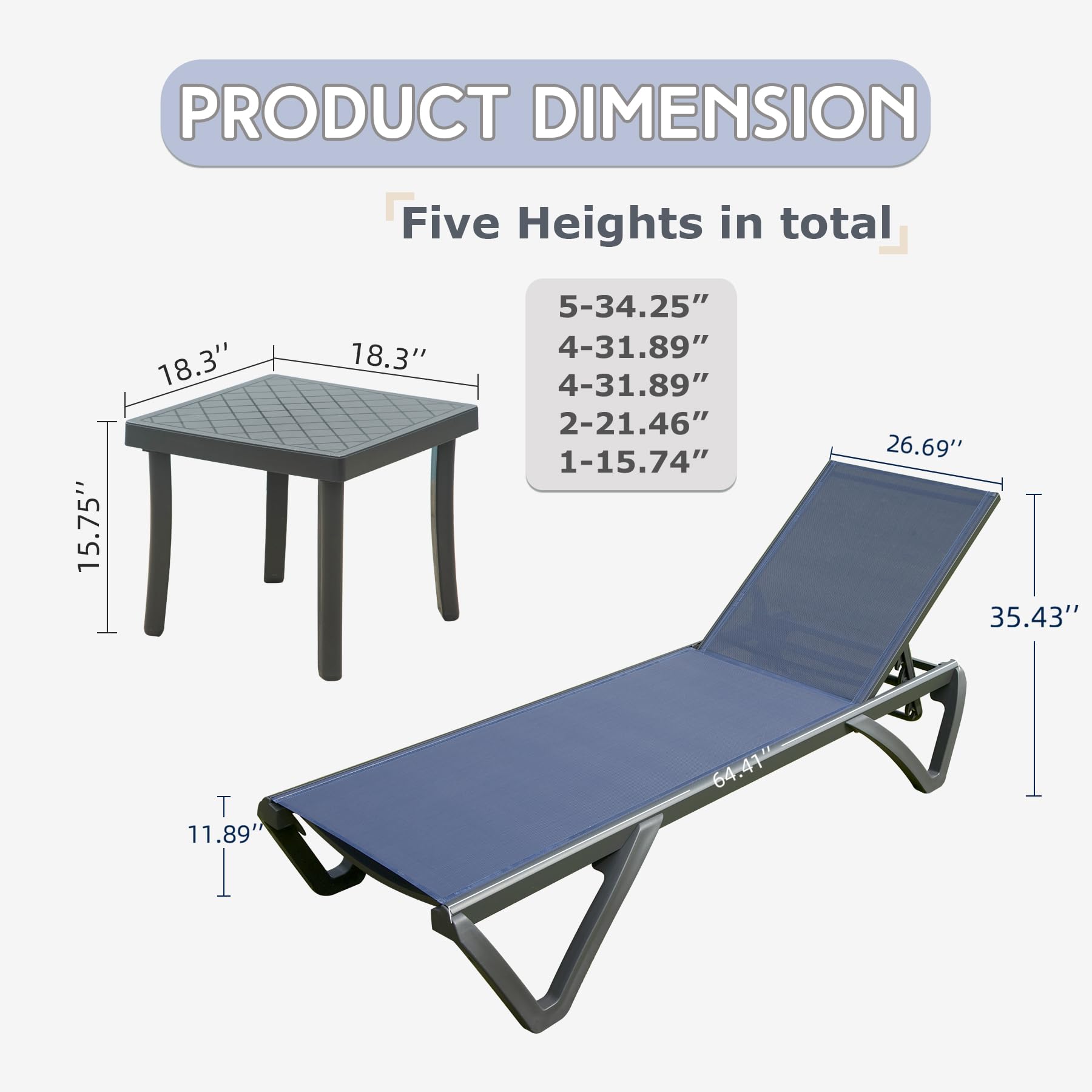 **Domi 3-Piece Pool Lounge Chair Set with Side Table - 5-Position Adjustable Aluminum Chaise Lounge with Wheels - Navy Blue Outdoor Furniture for Poolside, Garden, Beach & Backyard Relaxation**