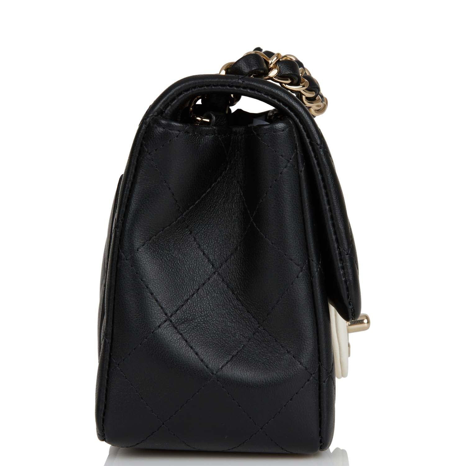 Chanel Mini Square Flap Bag Black & White Lambskin Leather with Light Gold Hardware | Luxury Crossbody Bag for Women | Perfect for Evening Parties, Date Nights & Special Occasions
