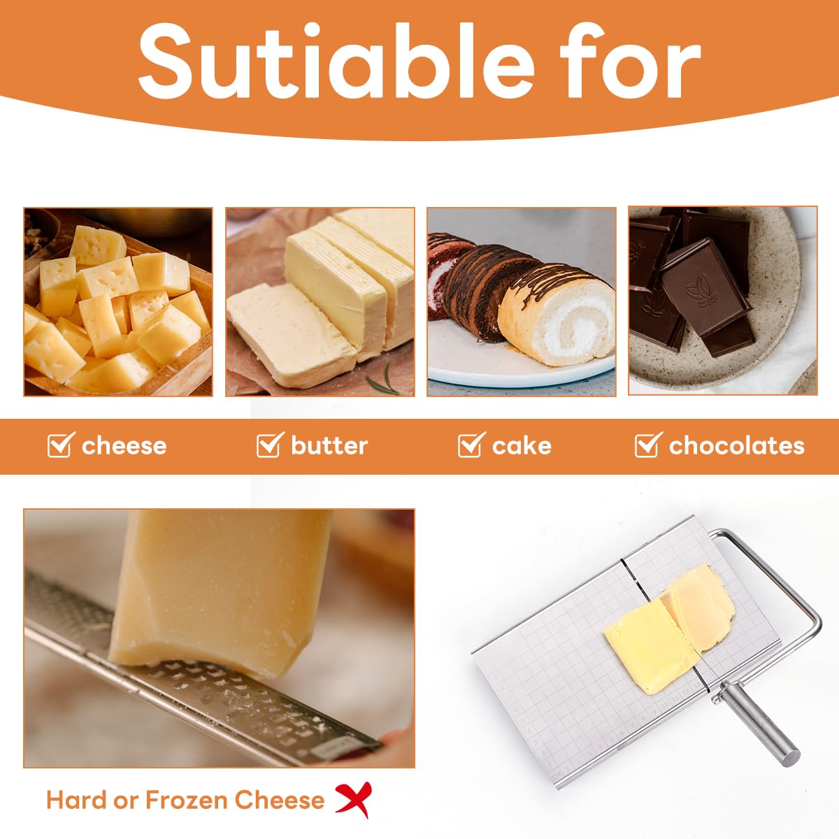 Premium Stainless Steel Cheese Slicer with Wire Cutter - Heavy Duty Cheese Board for Block Cheese, Includes 3 Extra Replacement Wires - Perfect for Kitchen, Party Platters & Charcuterie Boards