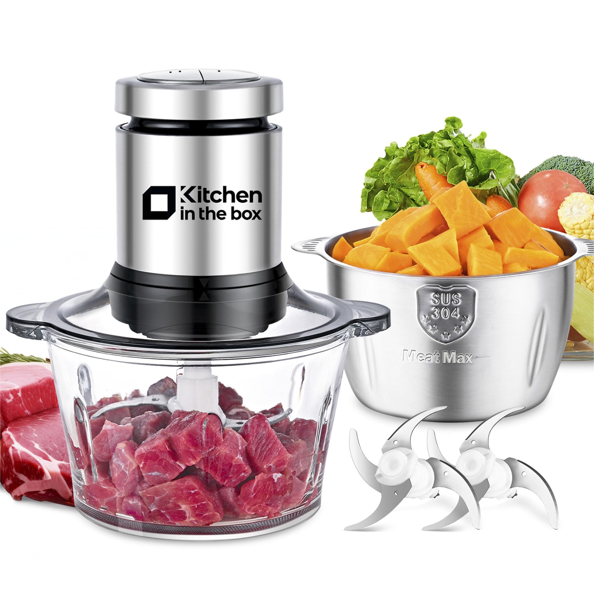400W All-Copper Motor Food Processor - Electric Meat Grinder & Vegetable Chopper with 2x8-Cup Bowls & Dual Blades for Meat, Fish, Veggies, Baby Food - Perfect for Meal Prep, Cooking & Healthy Eating