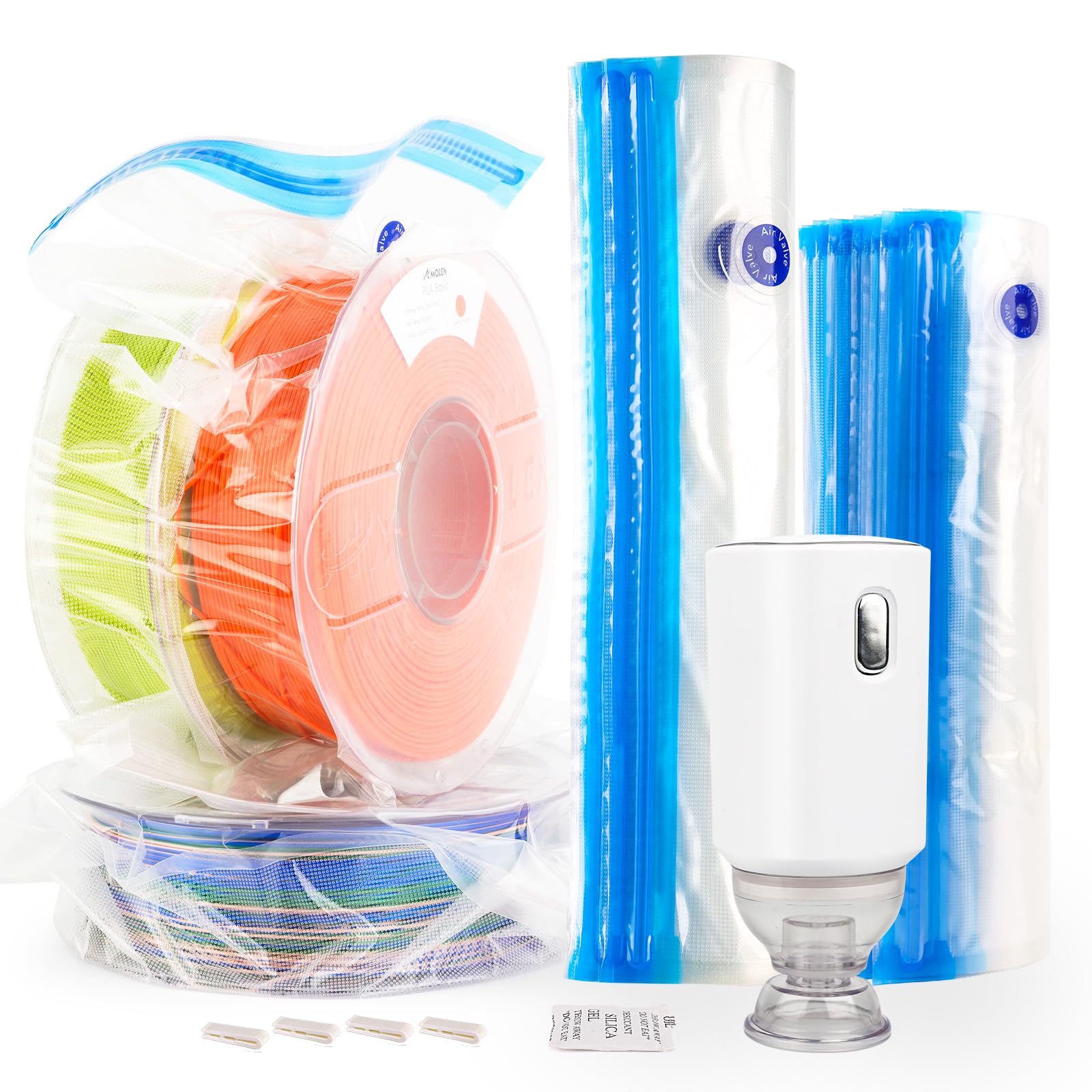 AMOLEN Vacuum Sealed Storage Bags Kit for 3D Printer Filament - 16 Reusable Bags with Automatic Pump, Desiccants & Clips - Keep Filament Dry & Dust-Free for Perfect 3D Printing Results