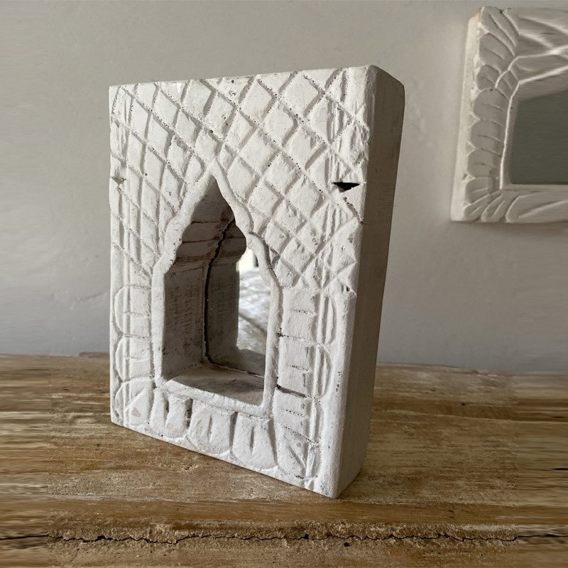 Hand Carved Indian Solid Wood Temple Mirror - 21cm Whitewashed Wall Decor for Home, Yoga Studio & Meditation Space | Boho Chic & Spiritual Décor