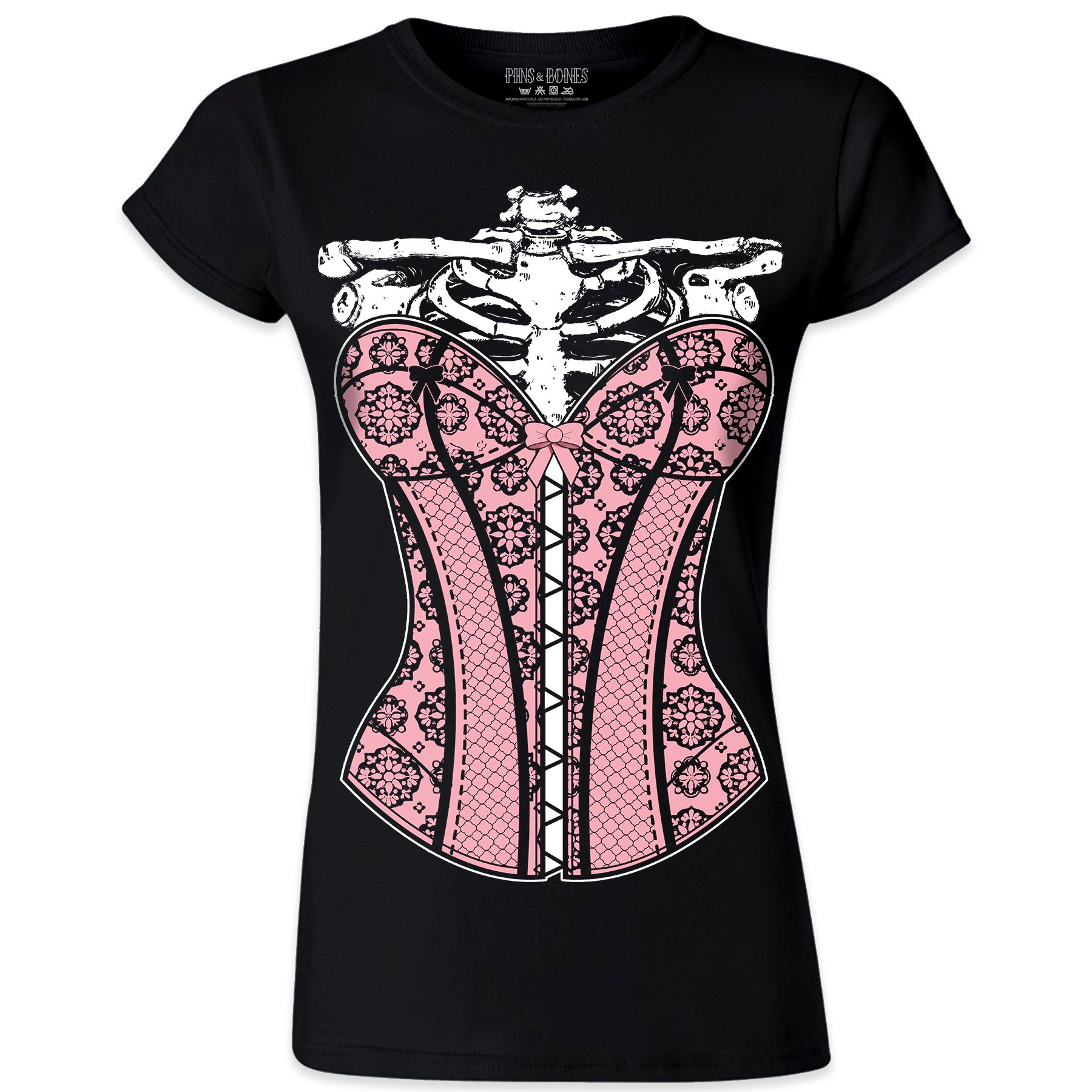 Pins & Bones Women's Skeleton Rib Cage Floral Corset Graphic Black T-Shirt | Gothic Fashion, Halloween Costume, Punk Rock Outfit