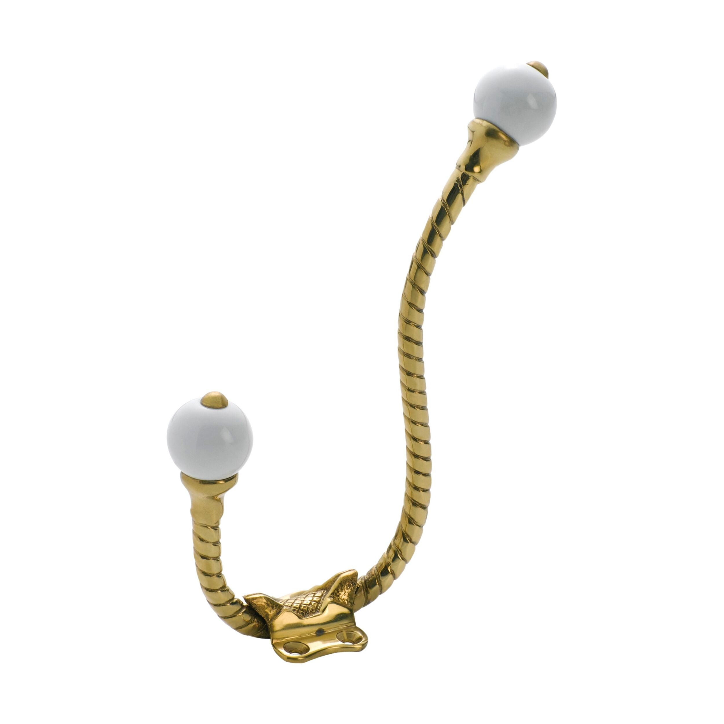Vintage Style 3971 Hat & Coat Hook with Porcelain Tip - Polished Brass Rope Hook for Wall Mounting (H160xP120mm) - Perfect for Entryway, Mudroom & Bathroom Organization
