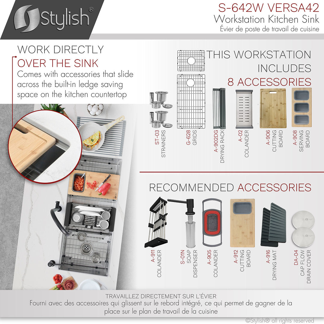 42 Inch Stainless Steel Undermount Double Bowl Kitchen Sink - Stylish S 642W 70/30 Workstation with Accessories | Perfect for Modern Kitchens, Restaurant Prep & Commercial Use