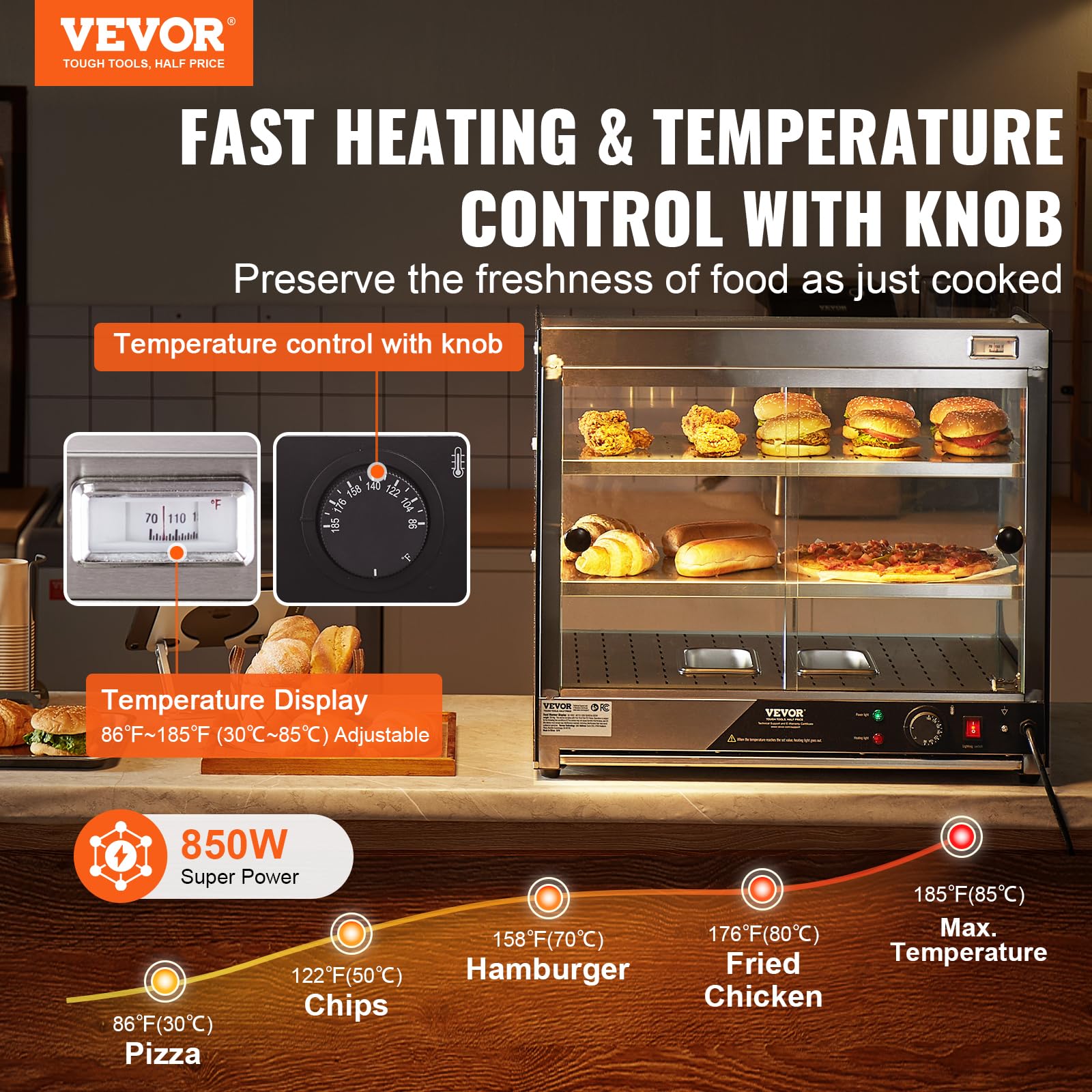 VEVOR 2-Tier Commercial Food Warmer Display - 850W Electric Countertop Food Warmer with Tempered Glass & Steam Heating, 86°F~185°F Adjustable Temperature, 111L Large Capacity for Restaurants, Cafes, Buffets - Perfect for Keeping Hamburgers, Pizza, Bread, Fried Chicken Warm and Fresh