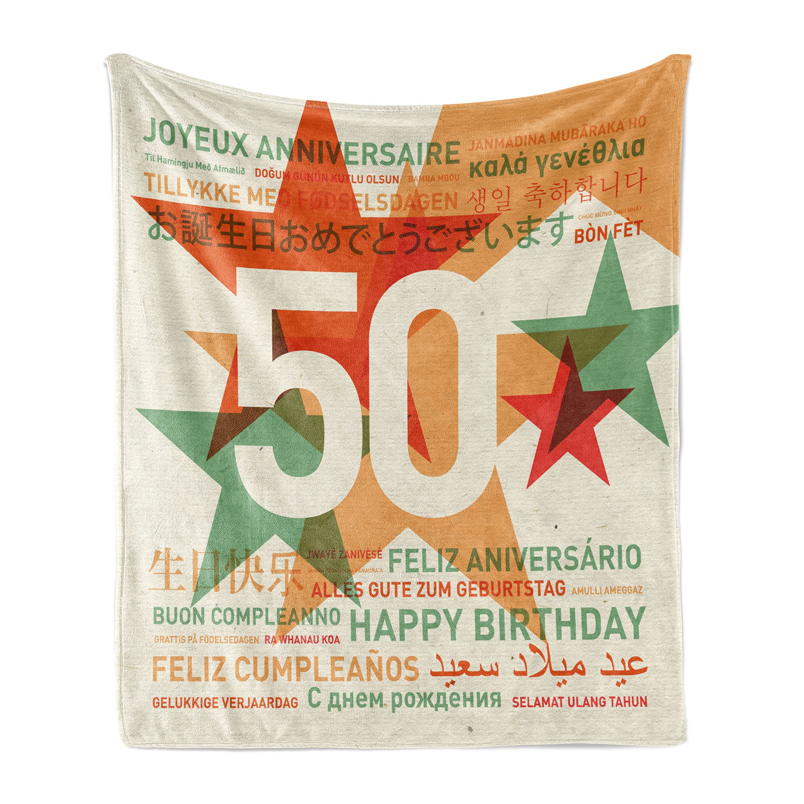 Ambesonne 50th Birthday Throw Blanket - Multilingual Happy Birthday Retro Design with Stars Print | Soft Flannel Fleece Accent Blanket for Couch, Sofa & Bed (50
