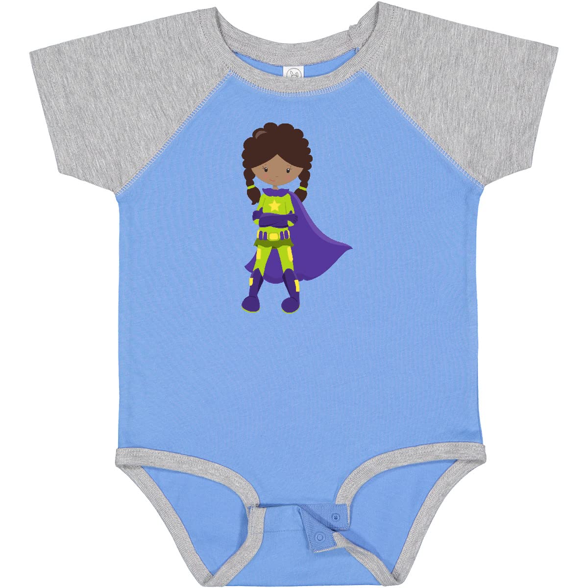 **Inktastic African American Superhero Girl Baby Bodysuit with Purple Cape - Perfect for Cosplay, Birthday Gifts & Everyday Play**